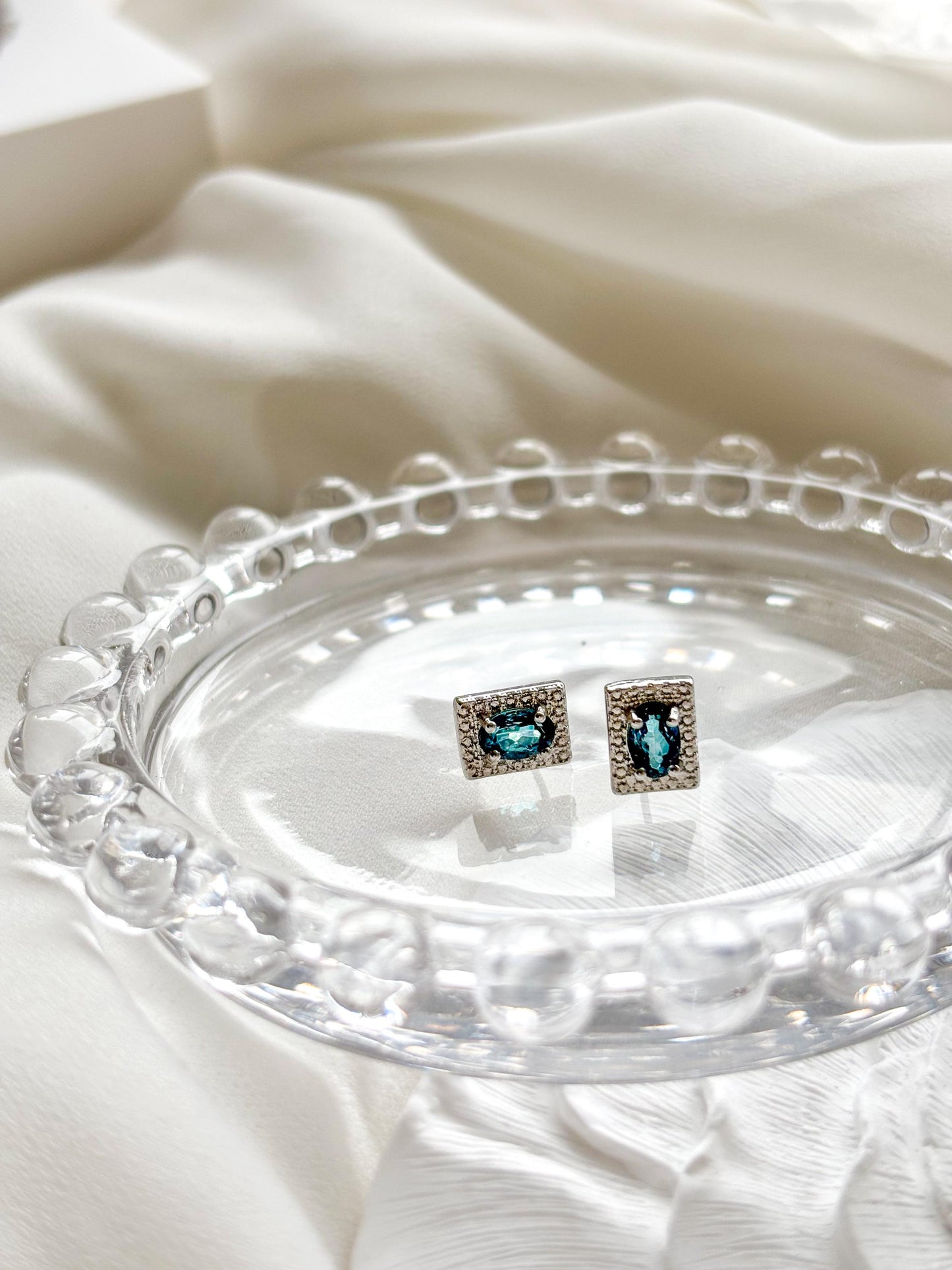 London Blue Topaz Stud Earrings – Rectangular Bezel Set Earrings – Sterling Silver Pins