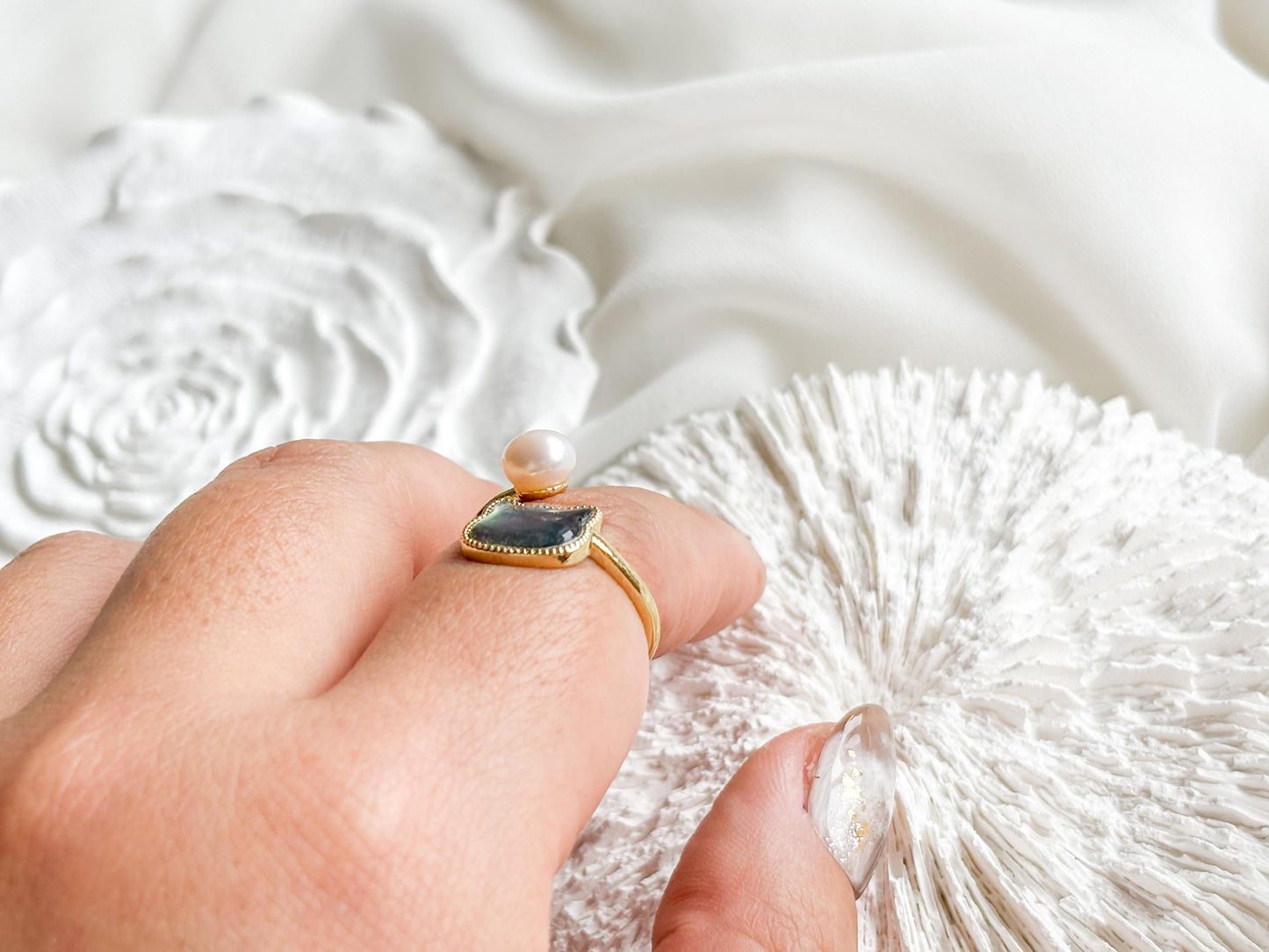 Moon n Shadow – Gold Open Ring with Natural Pearl & Cat