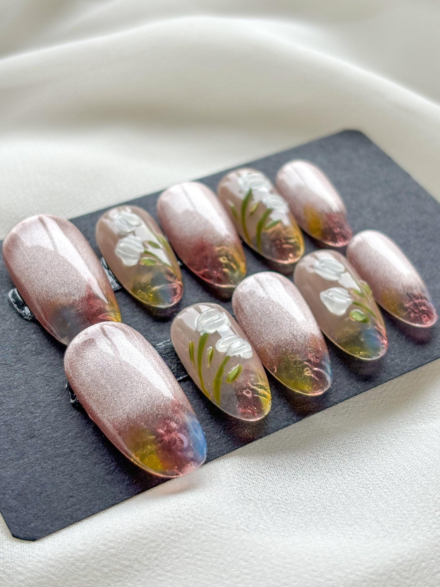 Spring Blossom Press-On Nails – Pink & White Floral with Transparent Colorful Tips
