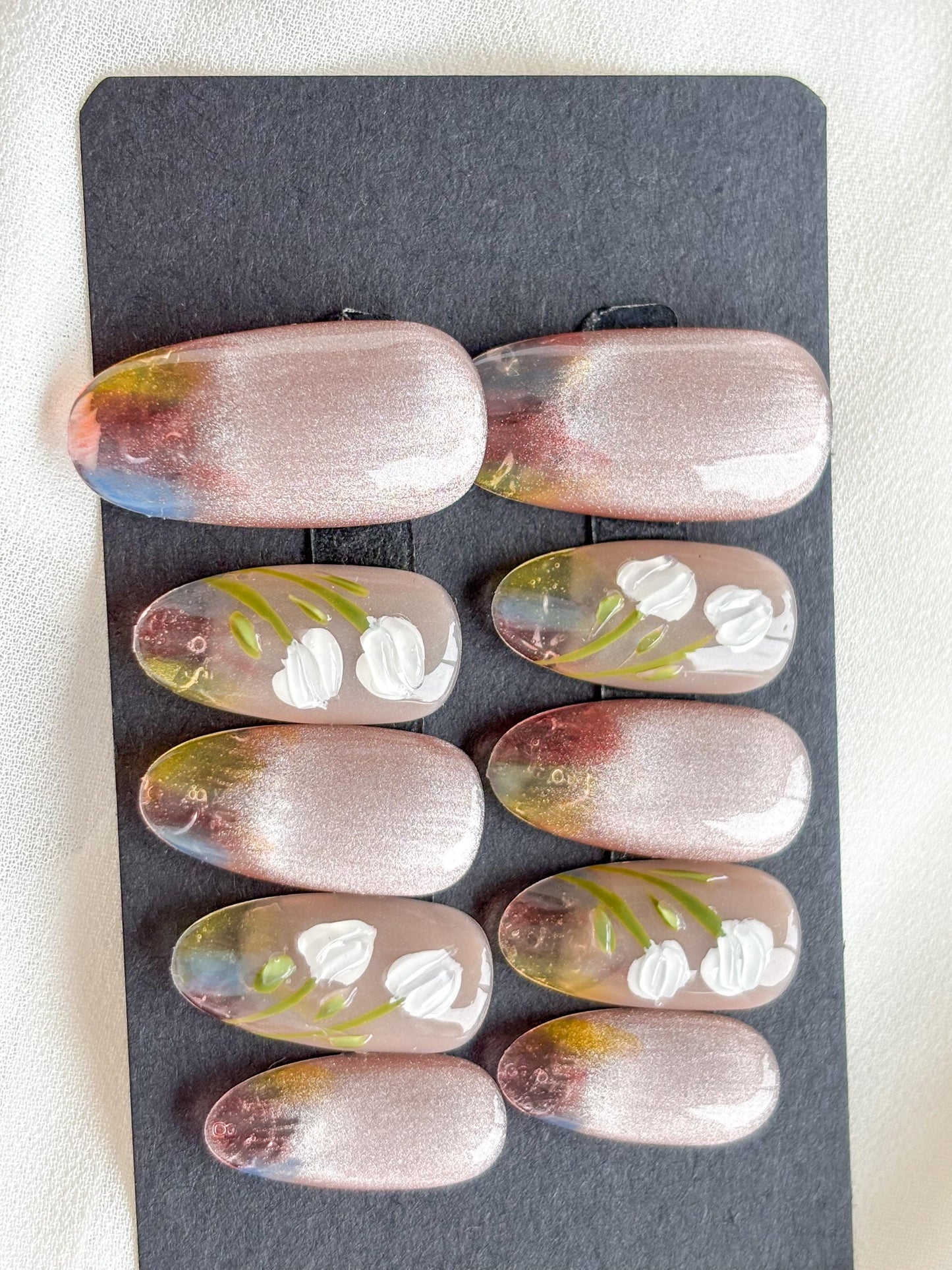 Spring Blossom Press-On Nails – Pink & White Floral with Transparent Colorful Tips
