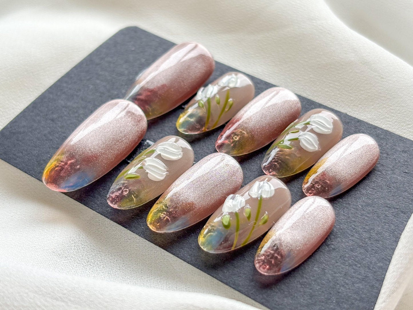 Spring Blossom Press-On Nails – Pink & White Floral with Transparent Colorful Tips