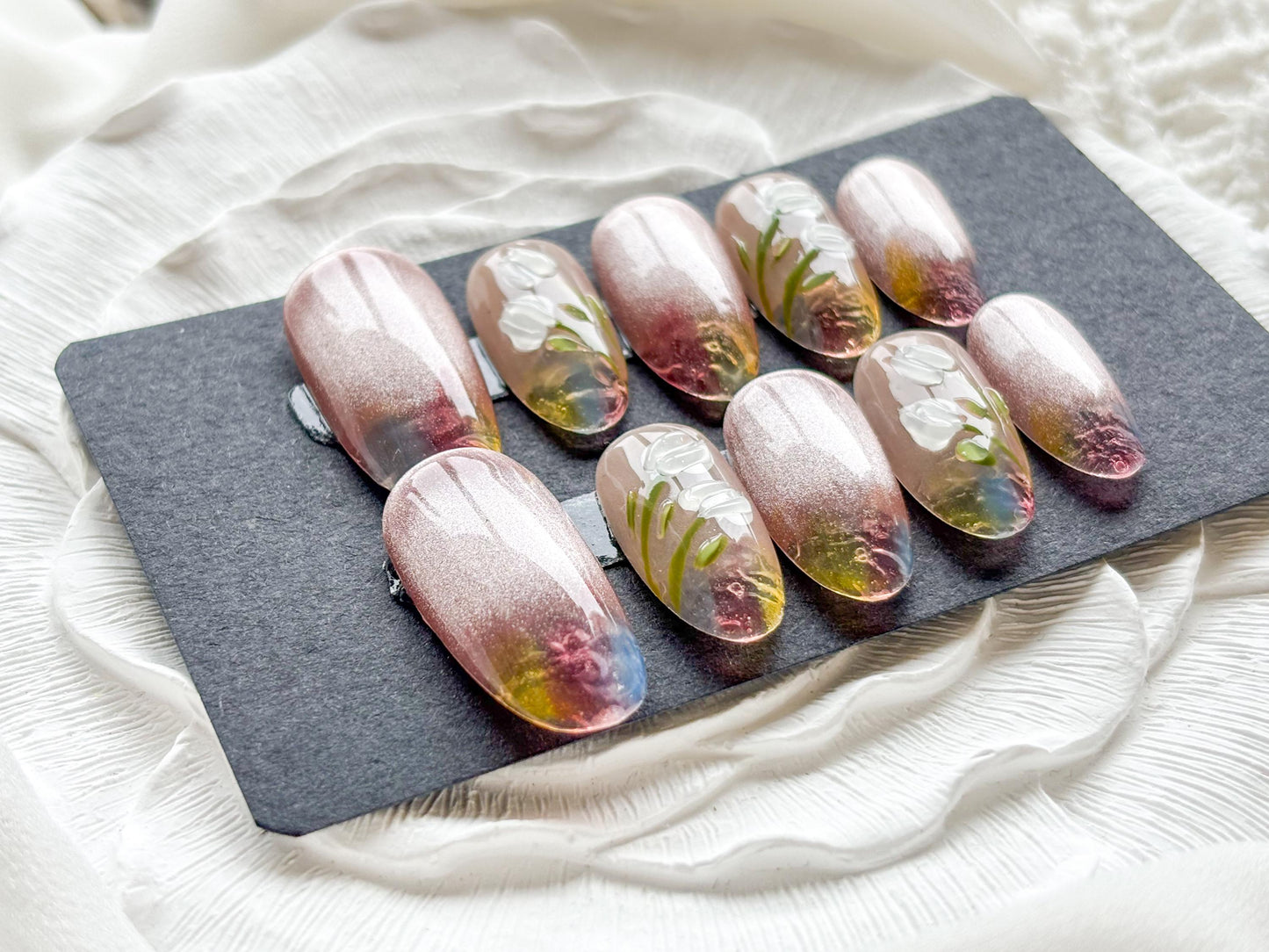 Spring Blossom Press-On Nails – Pink & White Floral with Transparent Colorful Tips