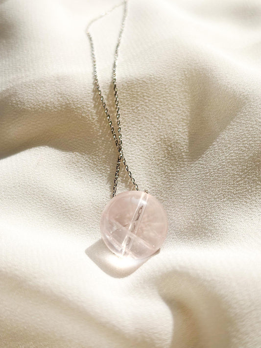 Minimalist Sterling Silver Necklace with Rose Quartz Crystal Ball Pendant-45cm Layering Necklace