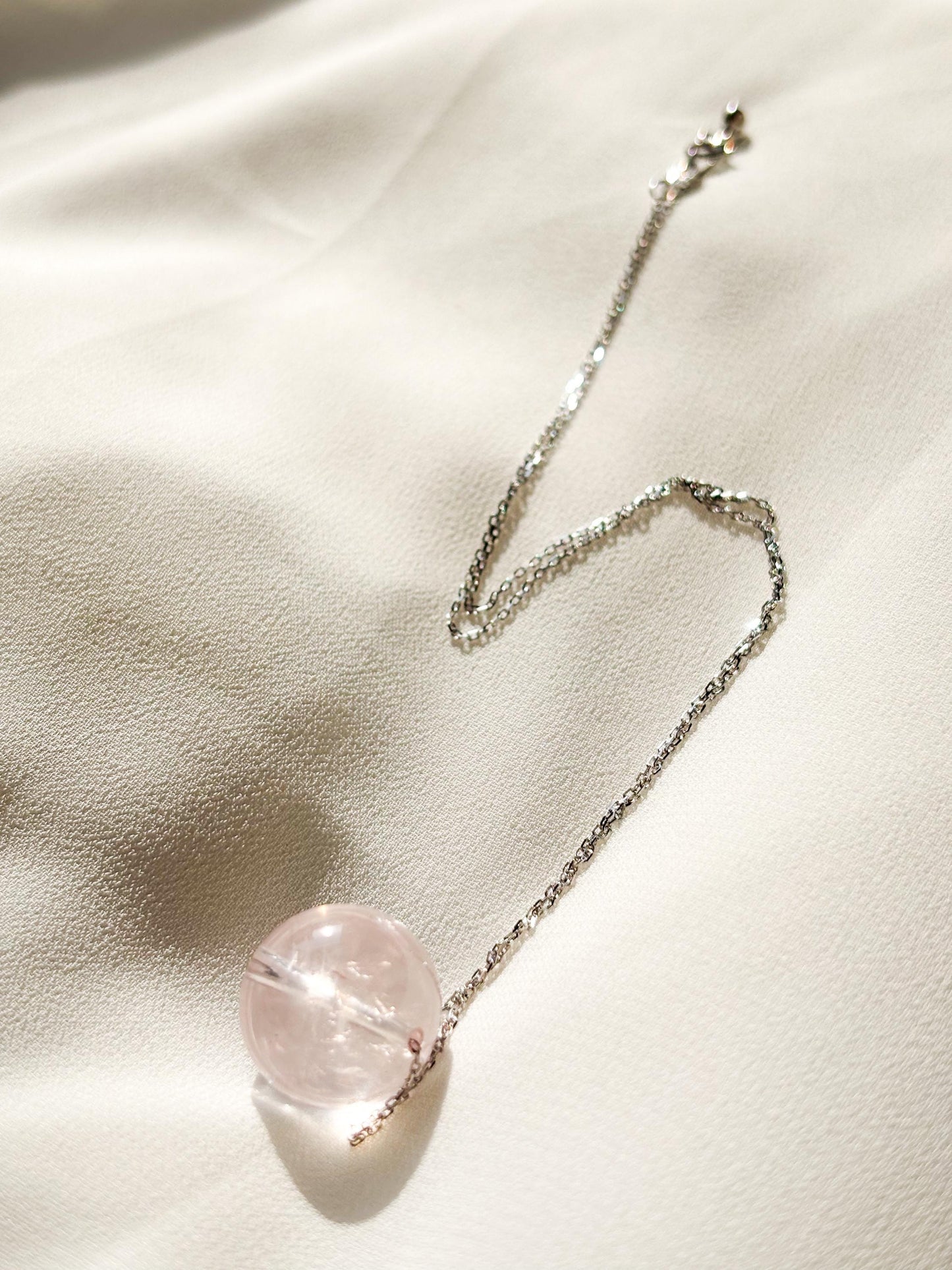 Minimalist Sterling Silver Necklace with Rose Quartz Crystal Ball Pendant-45cm Layering Necklace