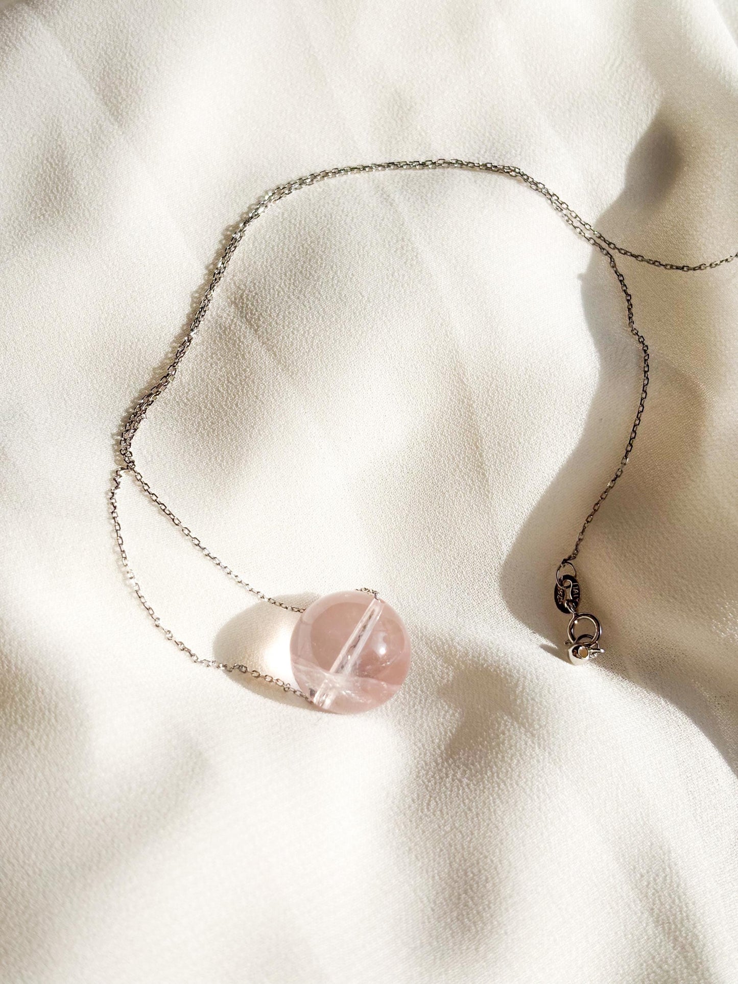 Minimalist Sterling Silver Necklace with Rose Quartz Crystal Ball Pendant-45cm Layering Necklace