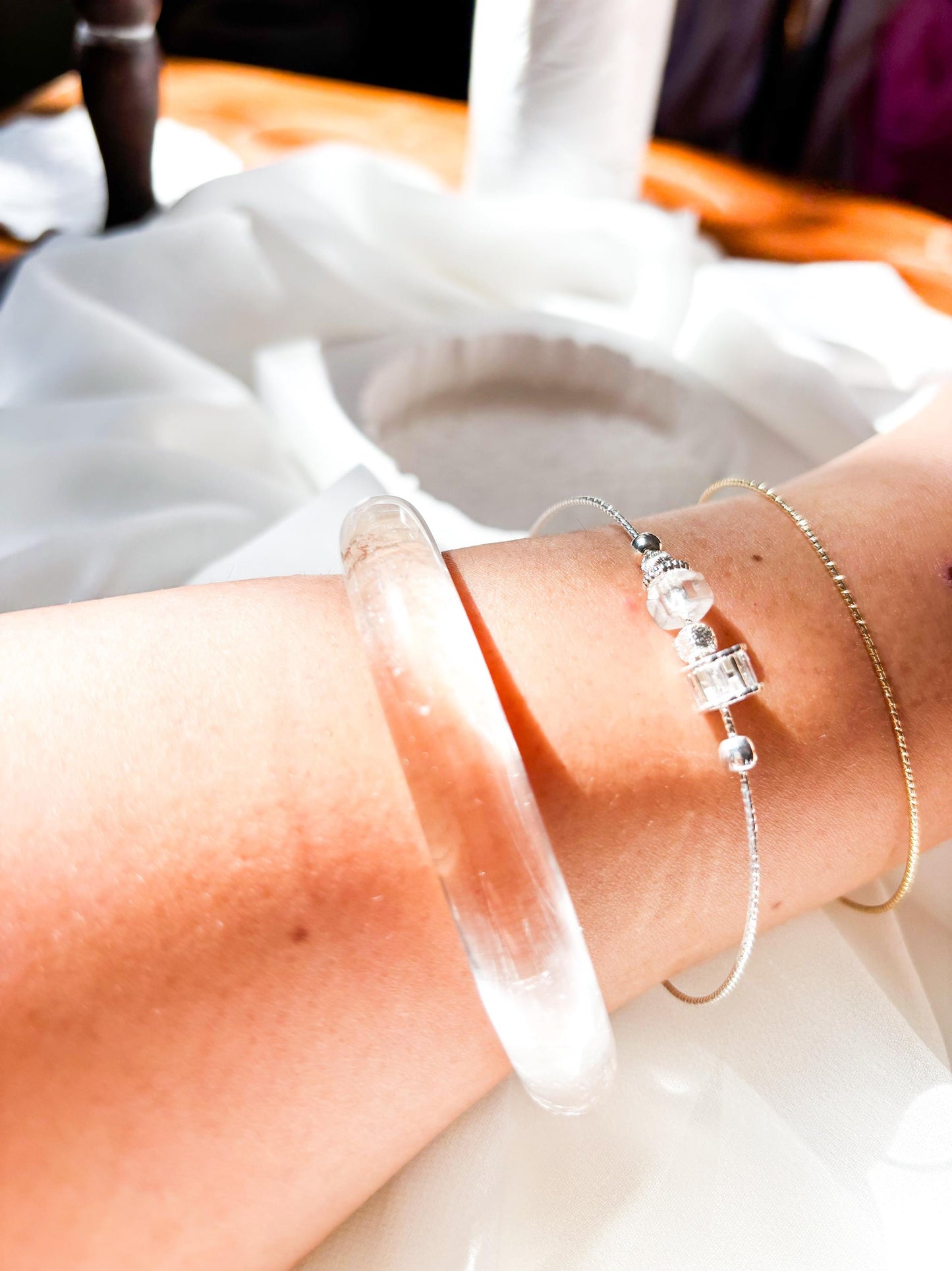 Luminous Clarity: Contemporary Minimalist Clear Quartz Adjustable Dainty Bangle