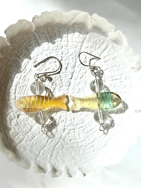Whimsical Waves – Fluorite Fish Earrings