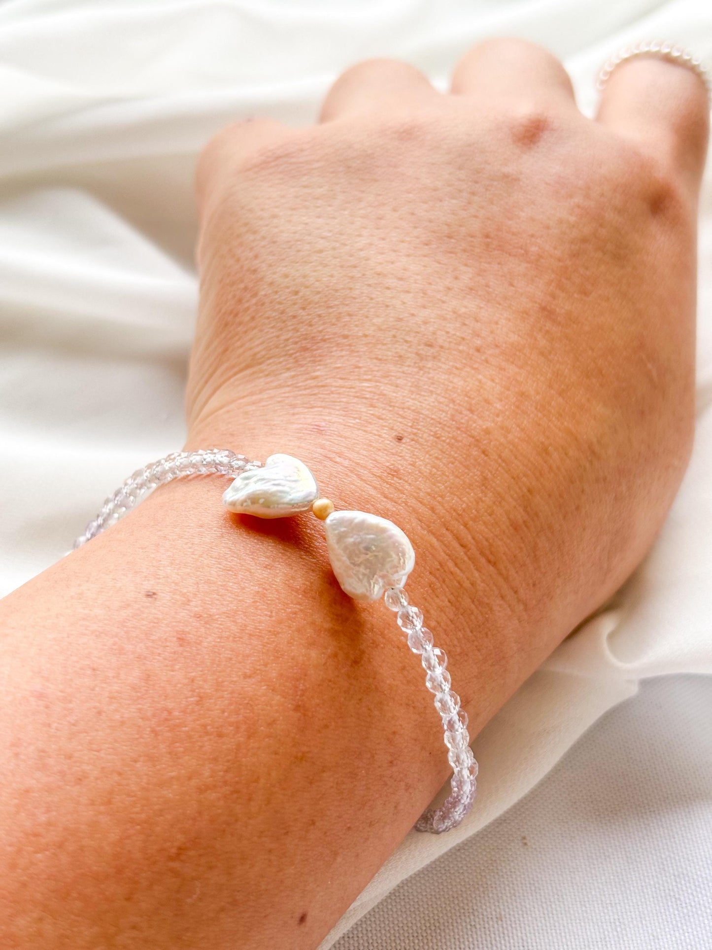 Faceted Clear Quartz and Freshwater Pearls Bow  Bracelet - Sparkling Crystal Jewelry
