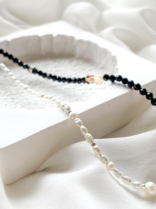 Eclipse Harmony – Black Tourmaline & Keshi Pearl Necklace