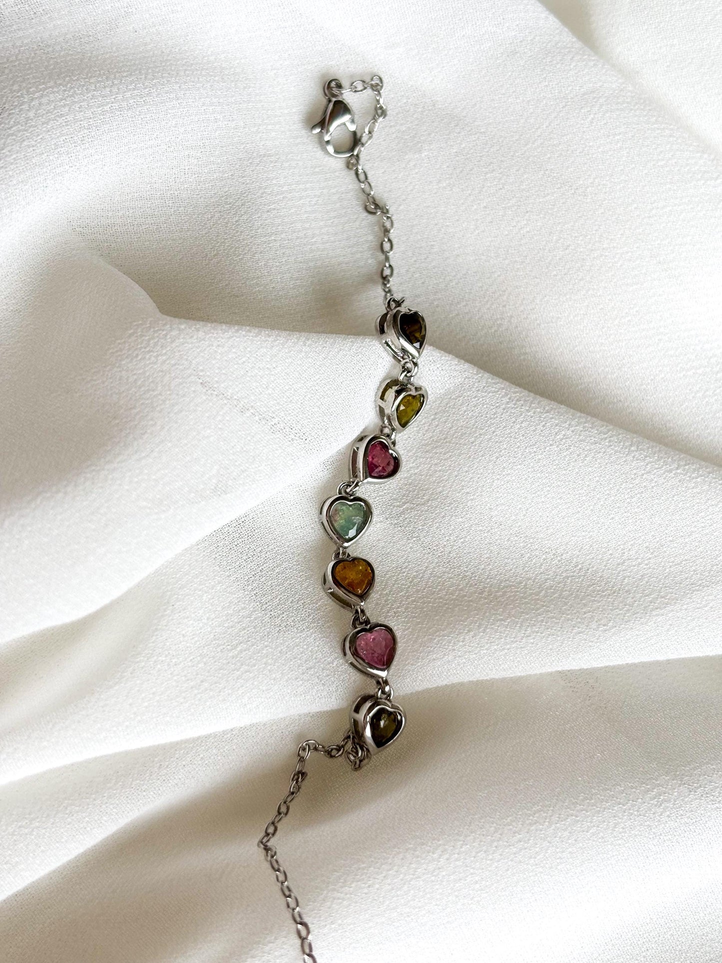 Vivid Heart-Shaped Tourmaline Bracelet – Multicolor Tourmaline in Bezel Setting