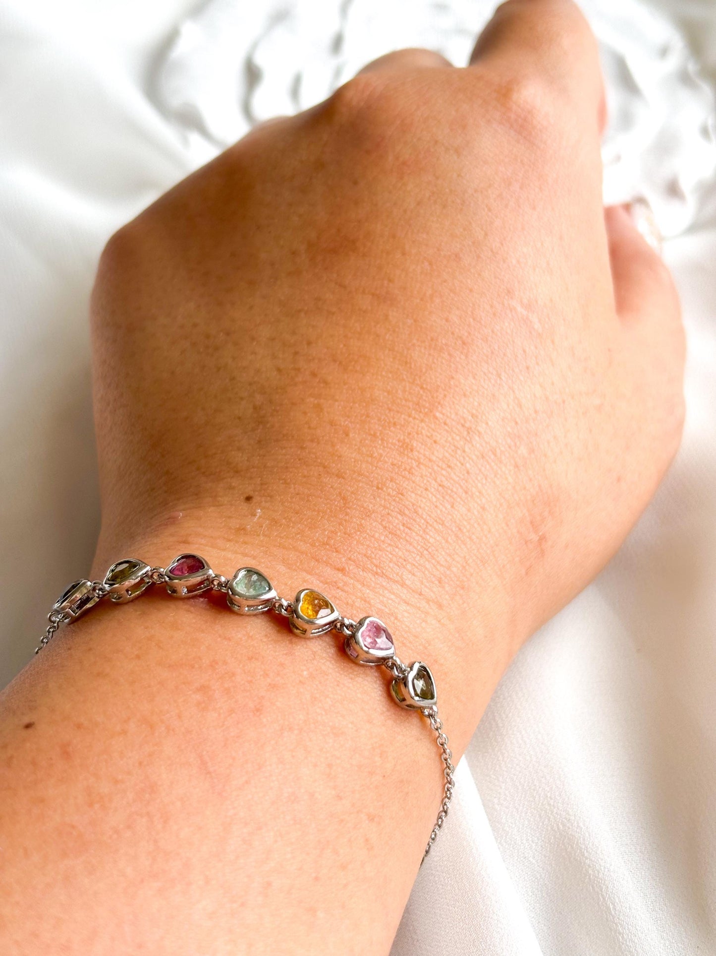 Vivid Heart-Shaped Tourmaline Bracelet – Multicolor Tourmaline in Bezel Setting
