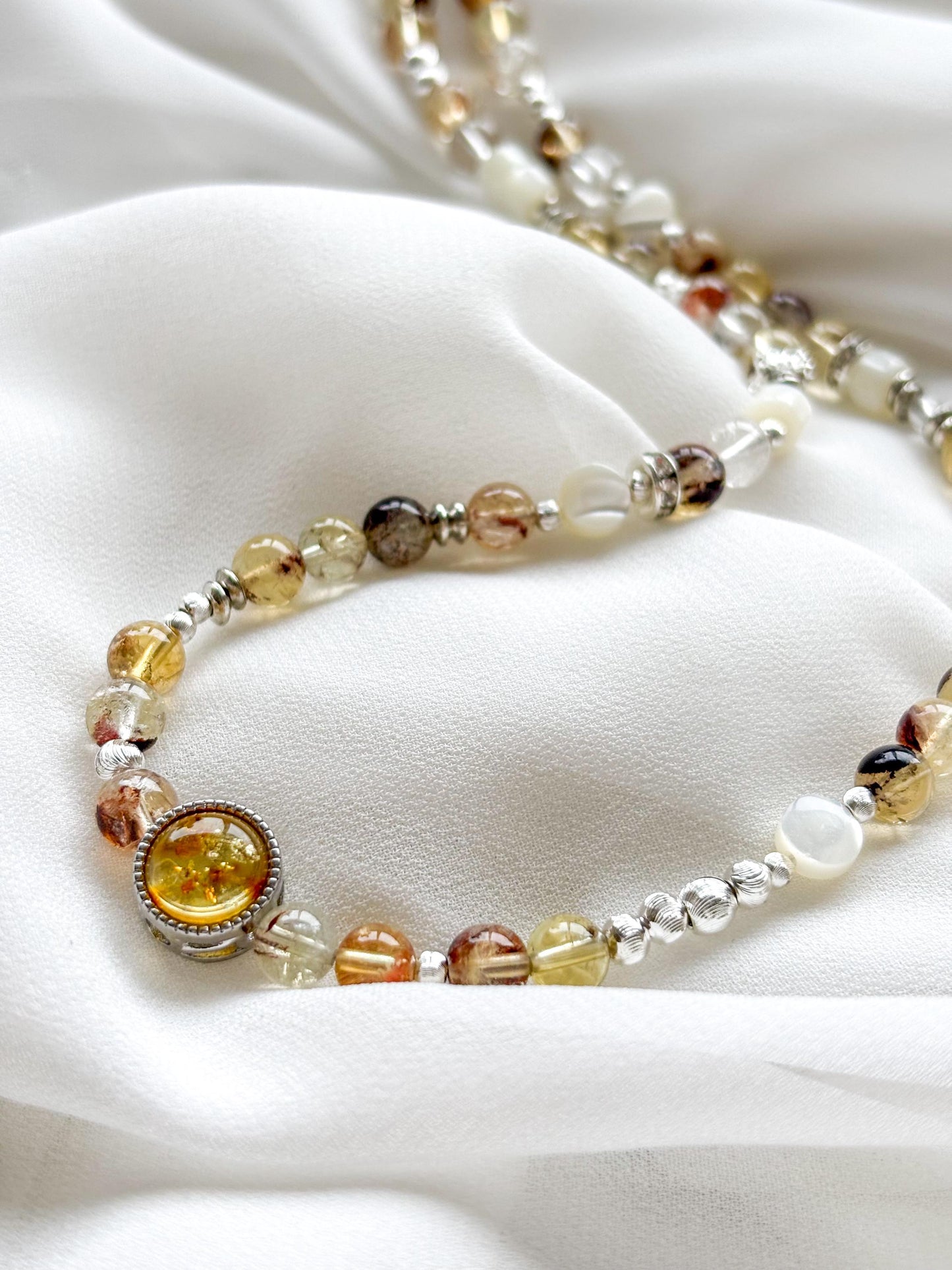 Vermont Autumn Crystal Necklace – Amber, Phantom Quartz & Pearl Beaded Necklace – 45cm Handmade Healing Jewelry