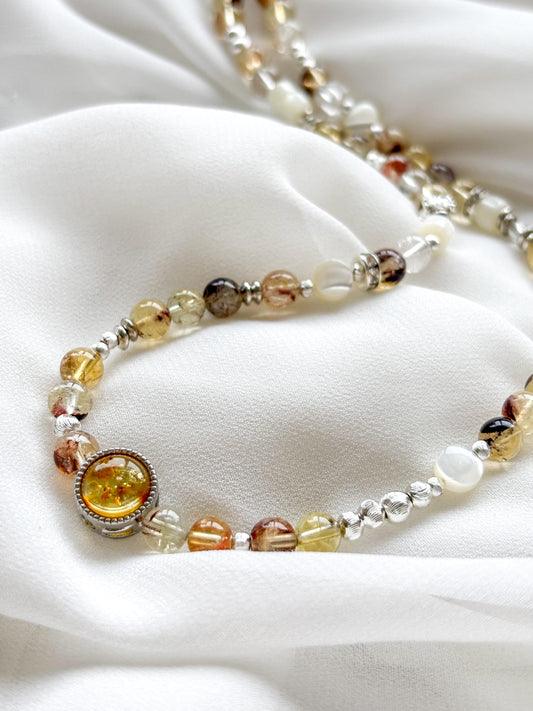 Vermont Autumn Crystal Necklace – Amber, Phantom Quartz & Pearl Beaded Necklace – 45cm Handmade Healing Jewelry