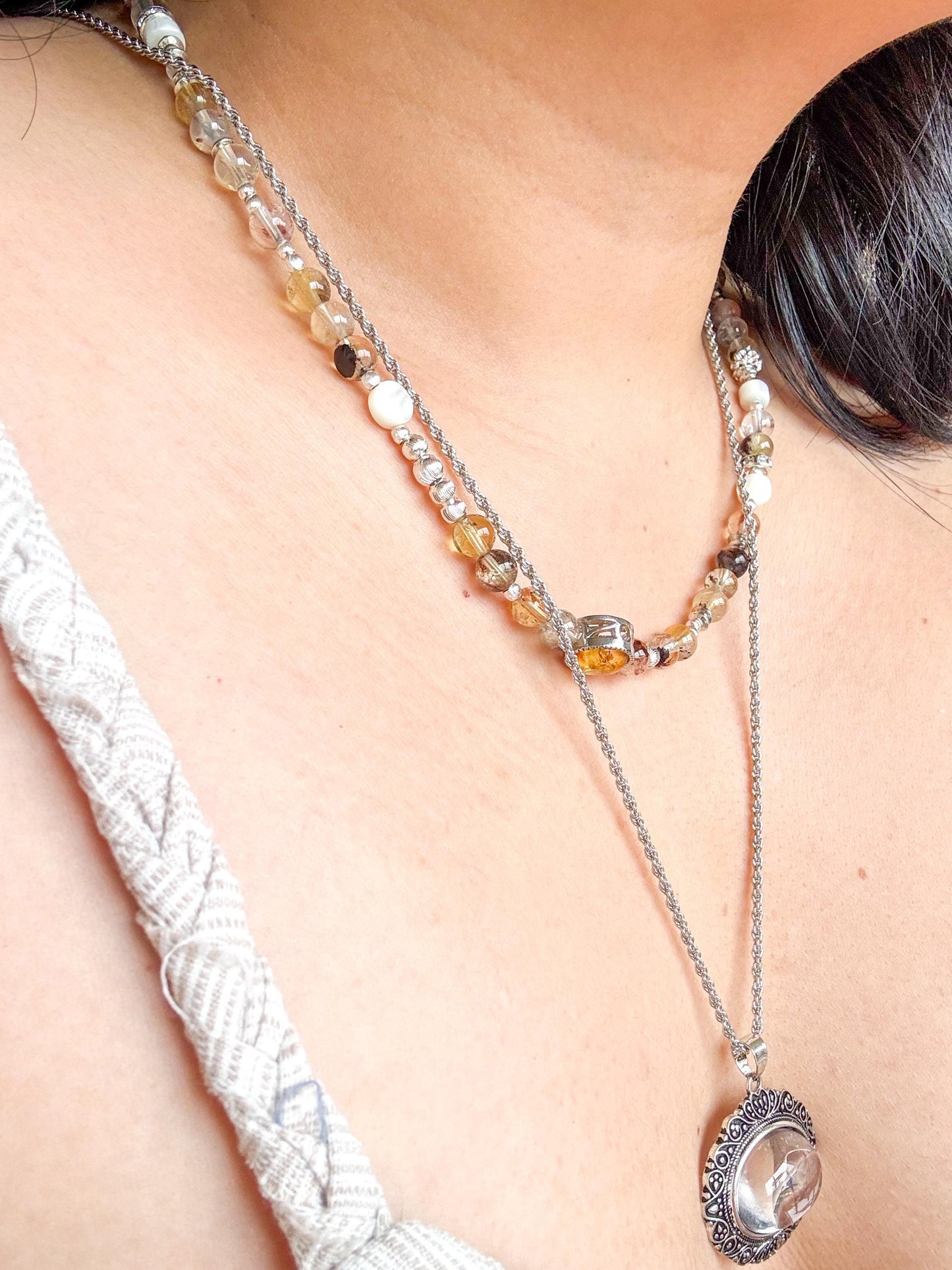 Vermont Autumn Crystal Necklace – Amber, Phantom Quartz & Pearl Beaded Necklace – 45cm Handmade Healing Jewelry
