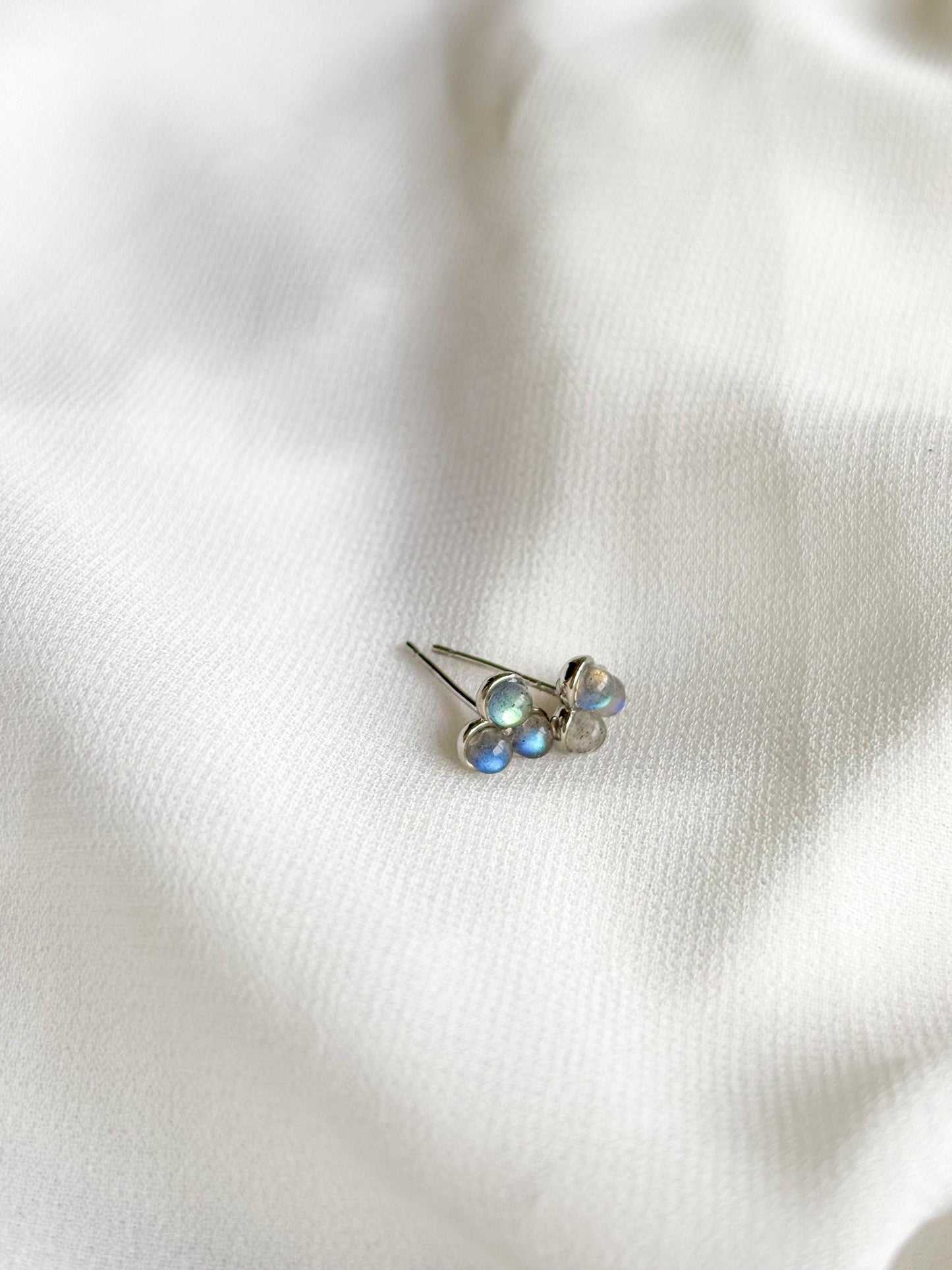 Triple Labradorite Minimalist Stud Earrings – Grey with Blue Flash – Sterling Silver Pins
