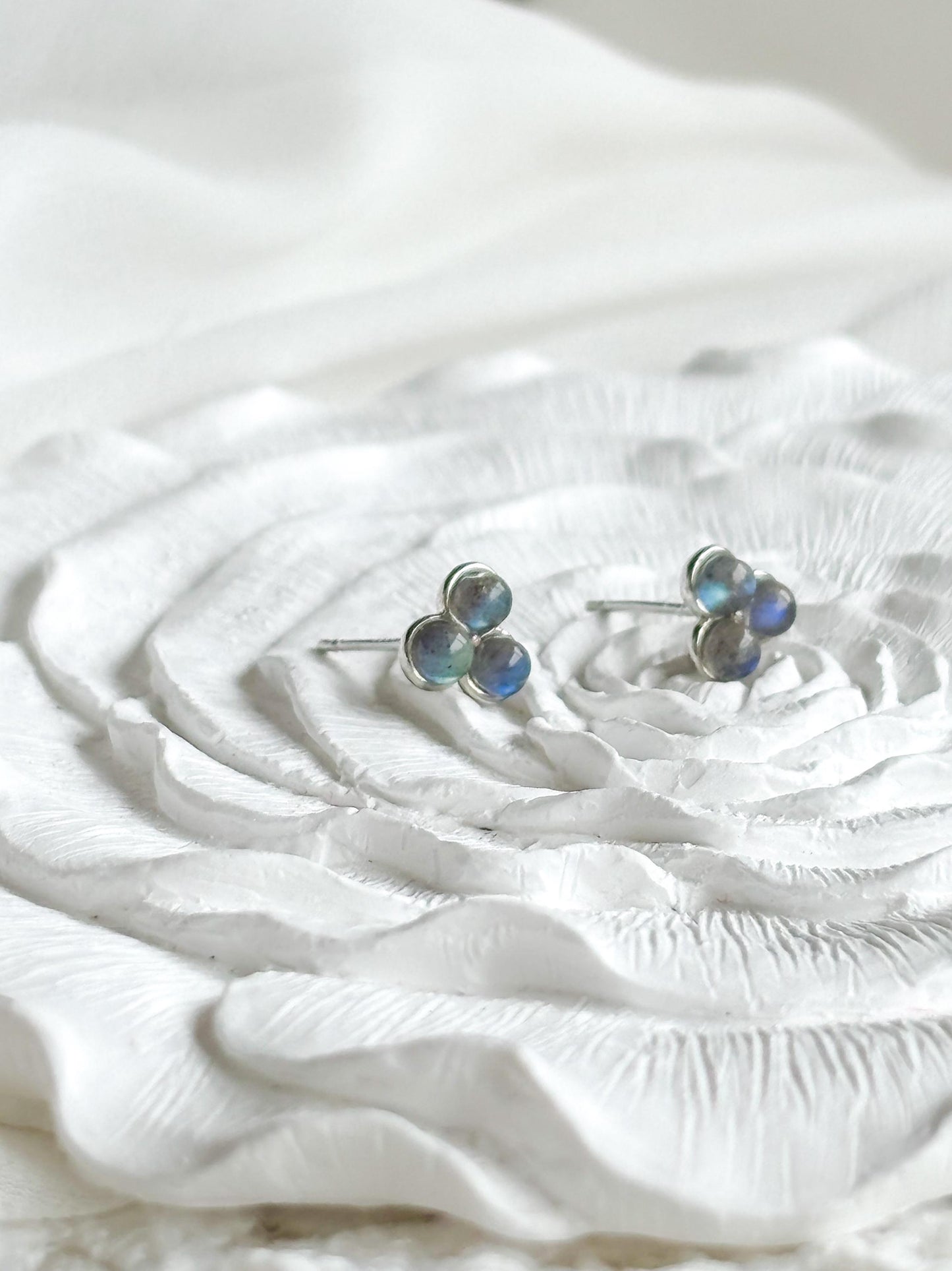Triple Labradorite Minimalist Stud Earrings – Grey with Blue Flash – Sterling Silver Pins