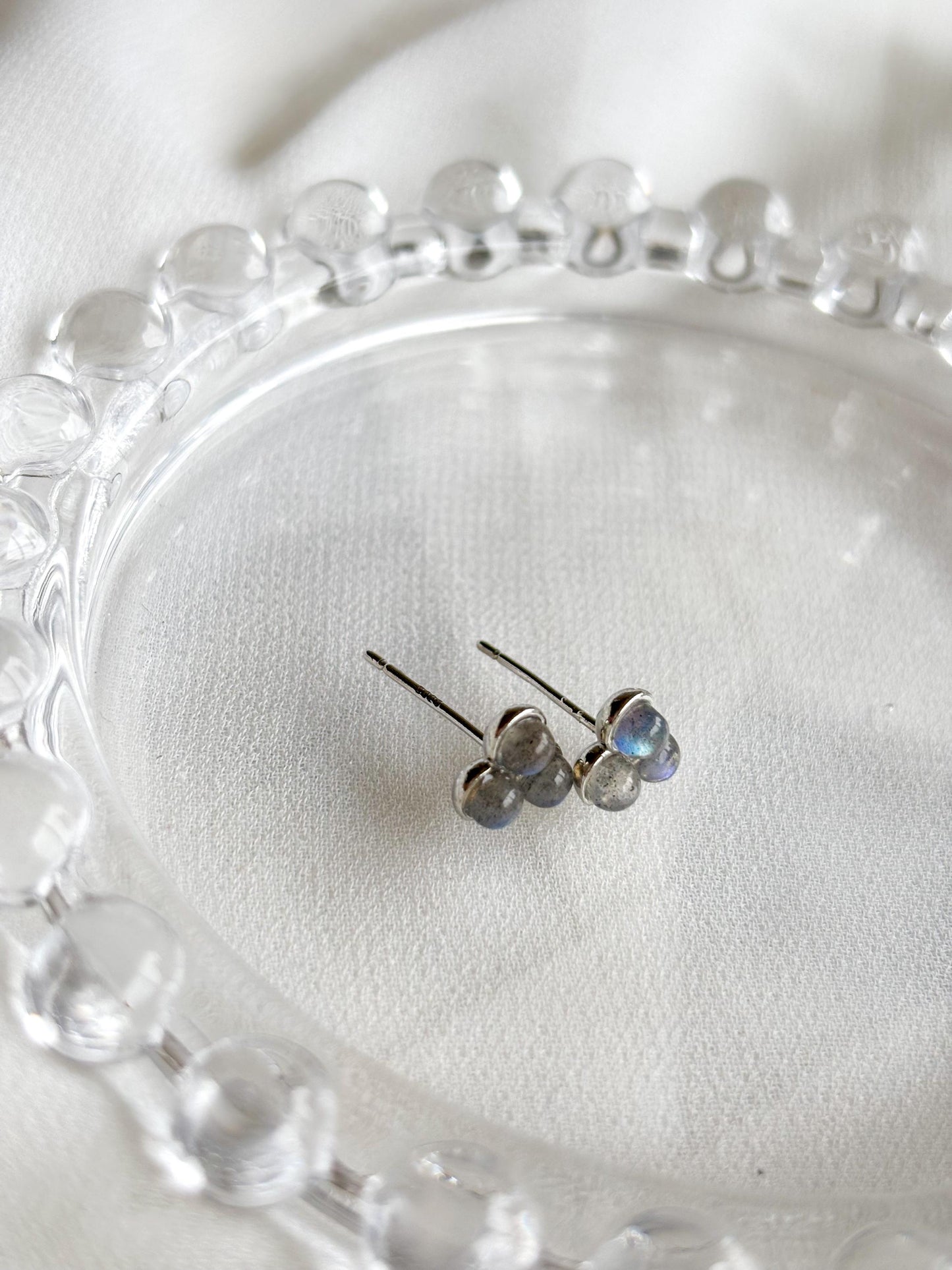 Triple Labradorite Minimalist Stud Earrings – Grey with Blue Flash – Sterling Silver Pins