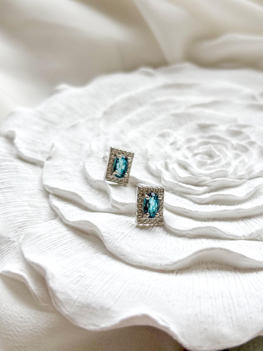 London Blue Topaz Stud Earrings – Rectangular Bezel Set Earrings – Sterling Silver Pins