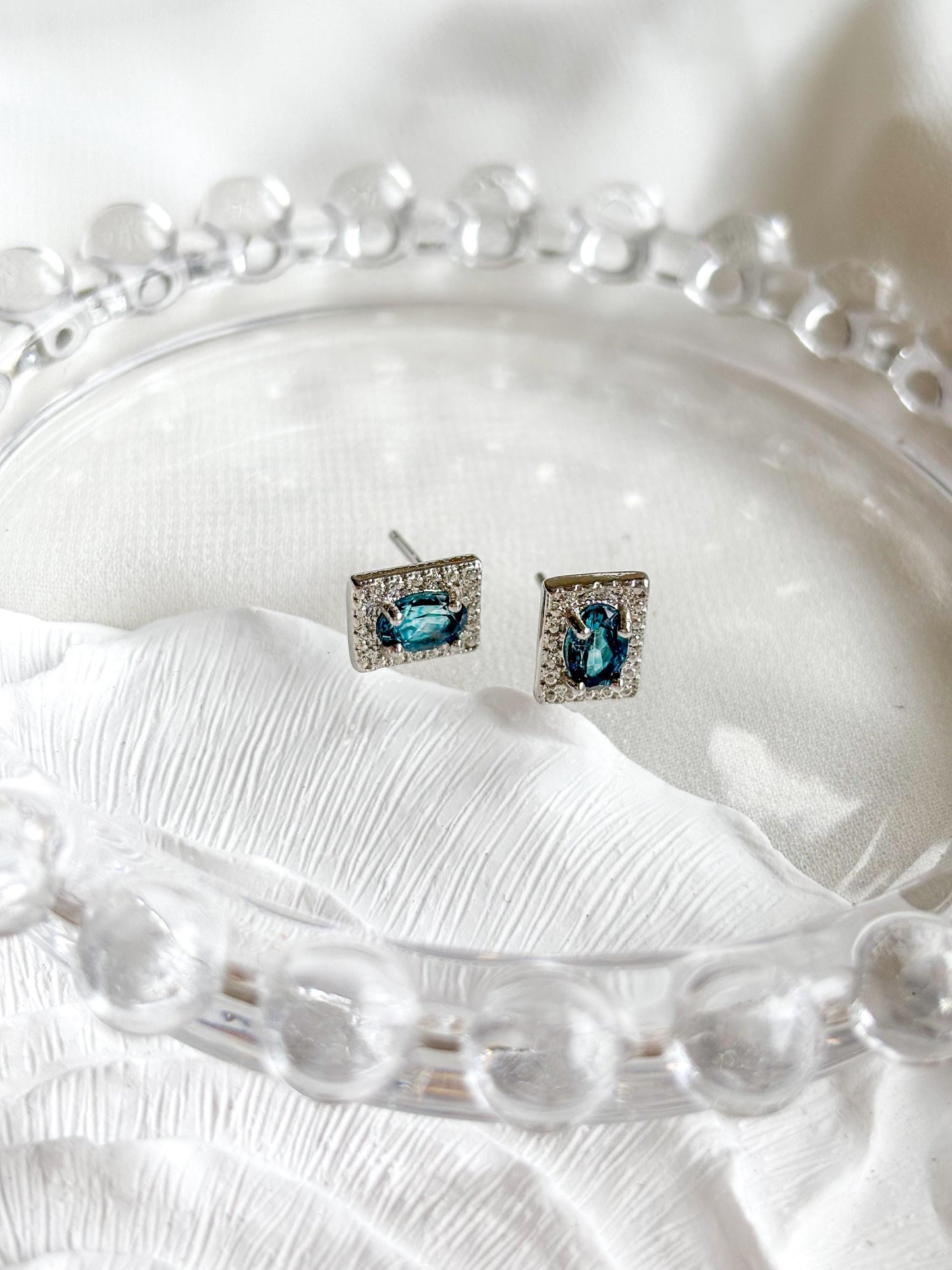London Blue Topaz Stud Earrings – Rectangular Bezel Set Earrings – Sterling Silver Pins