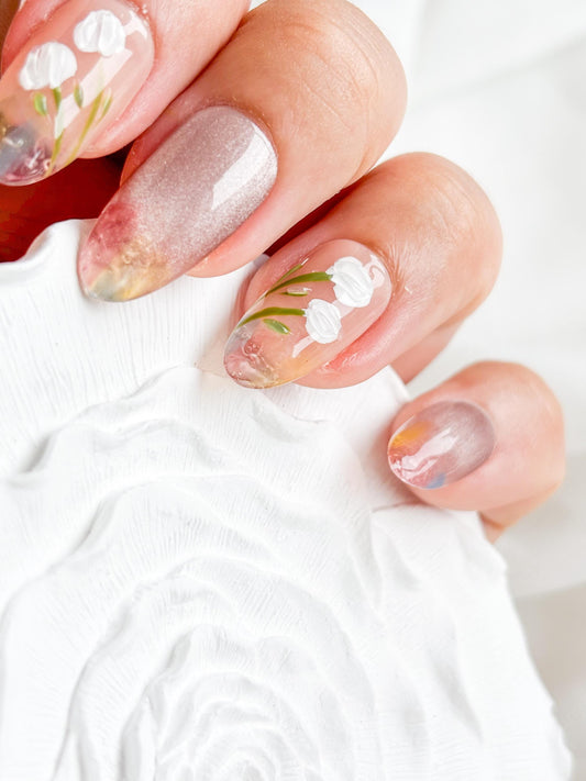 Spring Blossom Press-On Nails – Pink & White Floral with Transparent Colorful Tips
