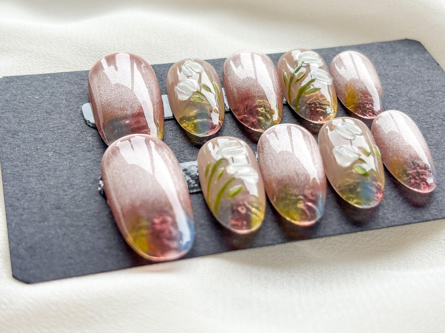 Spring Blossom Press-On Nails – Pink & White Floral with Transparent Colorful Tips