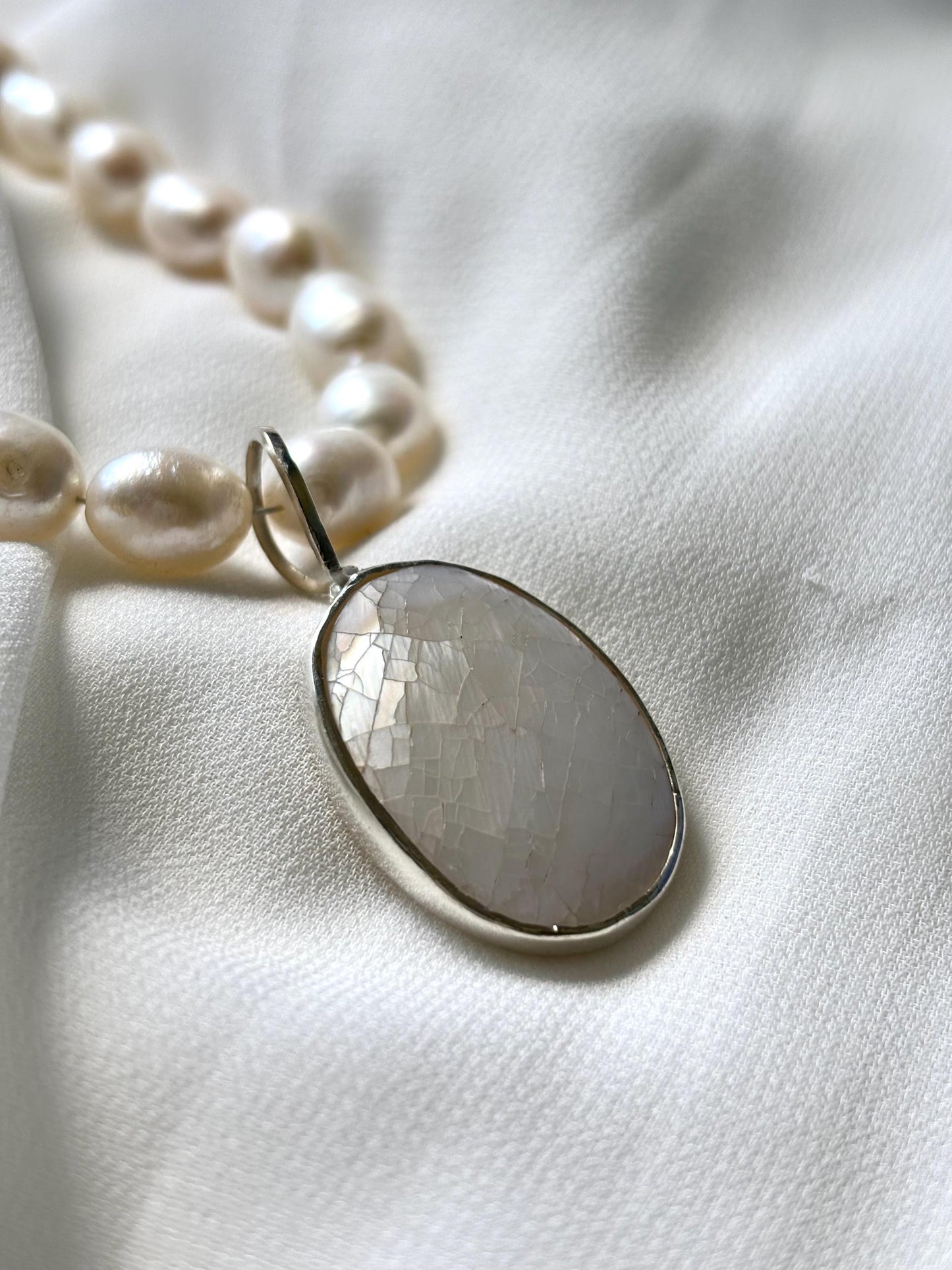 Handcrafted White Pearl Necklace with Sterling Silver Mother of Pearl Pendant