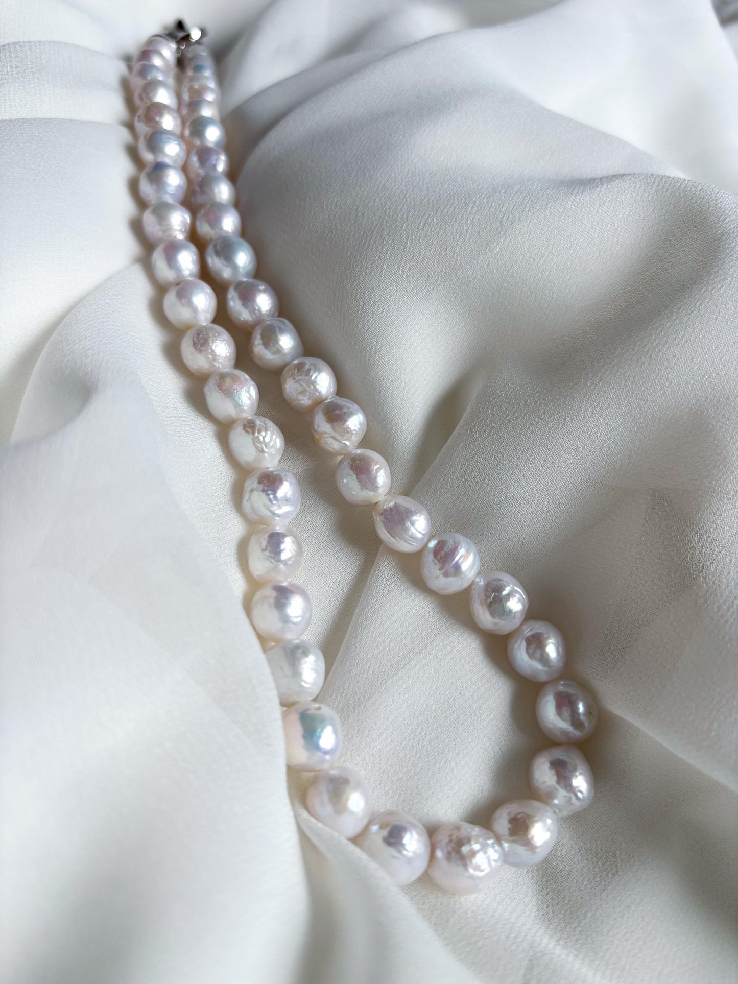 Ethereal Ocean Mist – White Baroque Wrinkled Pearl Necklace (AA Luster)