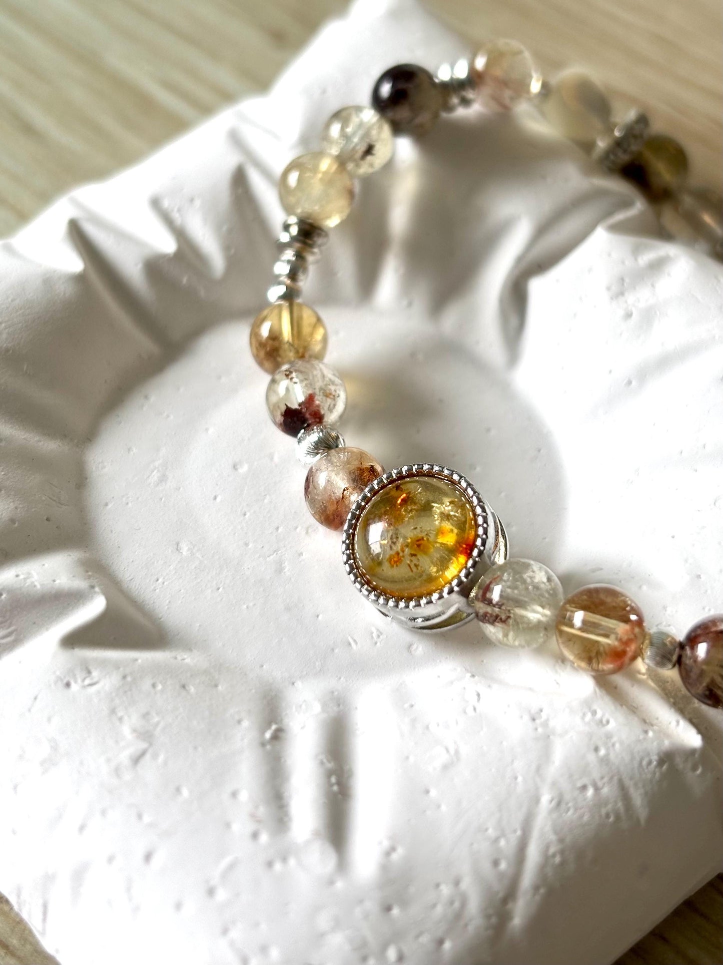 Vermont Autumn Crystal Necklace – Amber, Phantom Quartz & Pearl Beaded Necklace – 45cm Handmade Healing Jewelry