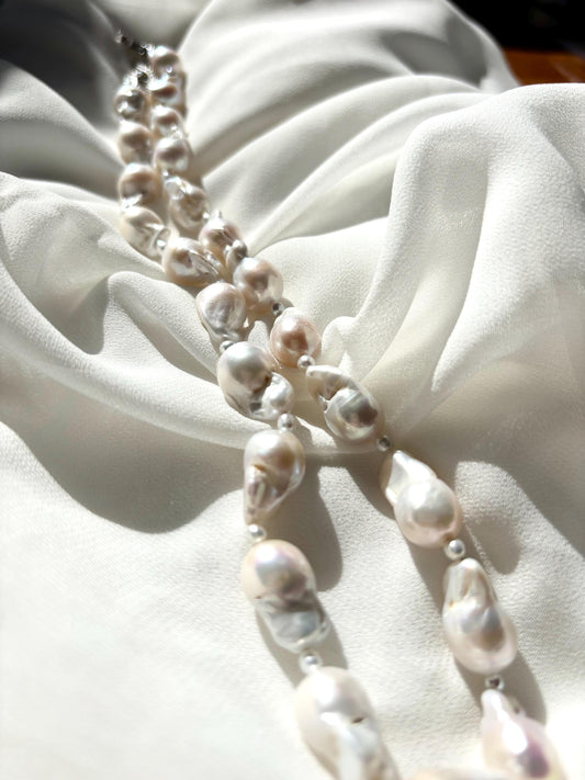 Mystic Ocean Tides – White Baroque Fish-Tail Pearl Necklace 925 Sterling Silver ( AA+ Luster )