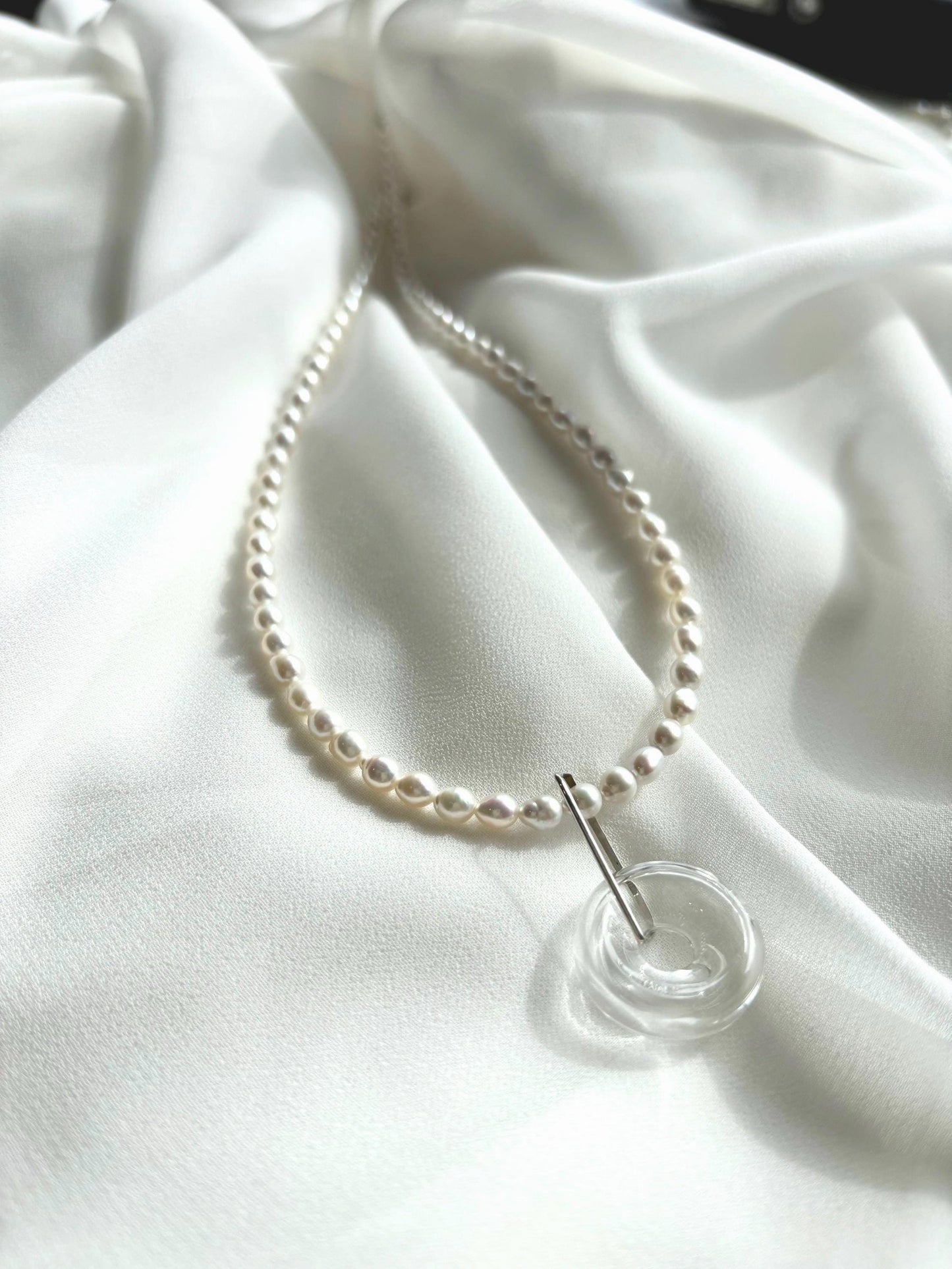 Bubbly Bliss Teardrop Pearl Necklace with Removable Clear Glass Donut Pendant 925 Sterling Silver (AAA Luster)