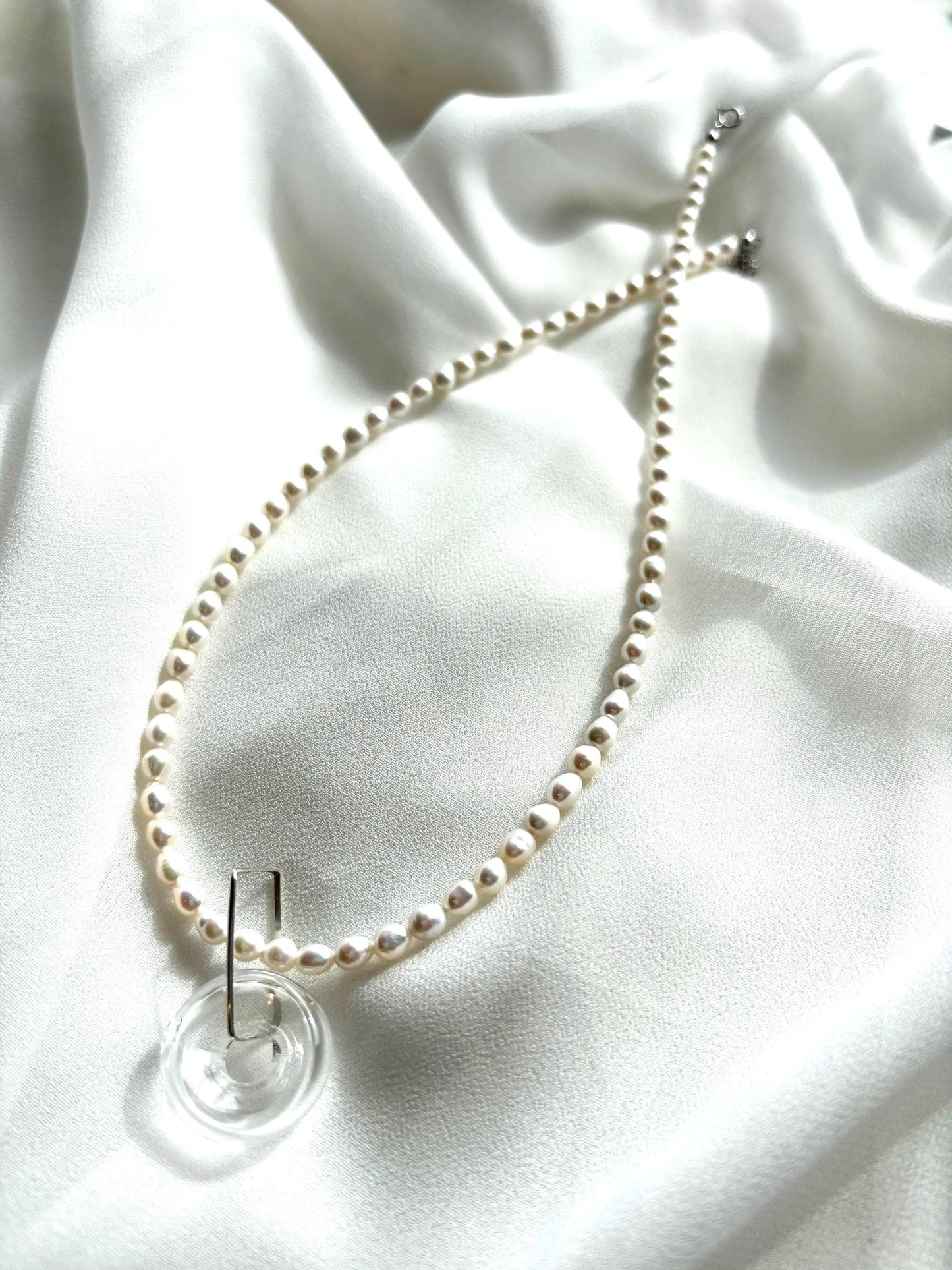 Bubbly Bliss Teardrop Pearl Necklace with Removable Clear Glass Donut Pendant 925 Sterling Silver (AAA Luster)