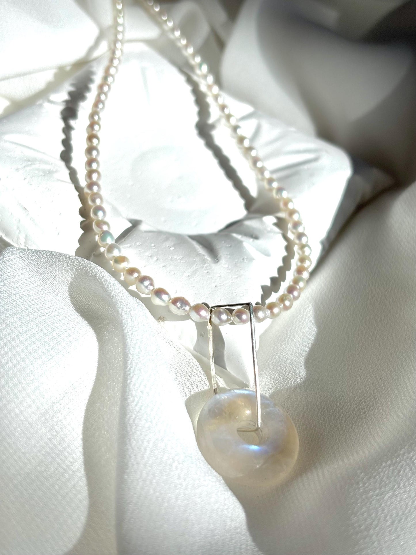 Ethereal Glow Convertible Pearl 925 Necklace with Removable Moonstone Pendant 925 Sterling Silver(AAA Luster)