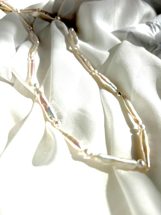 Stylish White Baroque Pearl Necklace – Long Rectangular & Round Pearls, Irregular Shapes-45cm