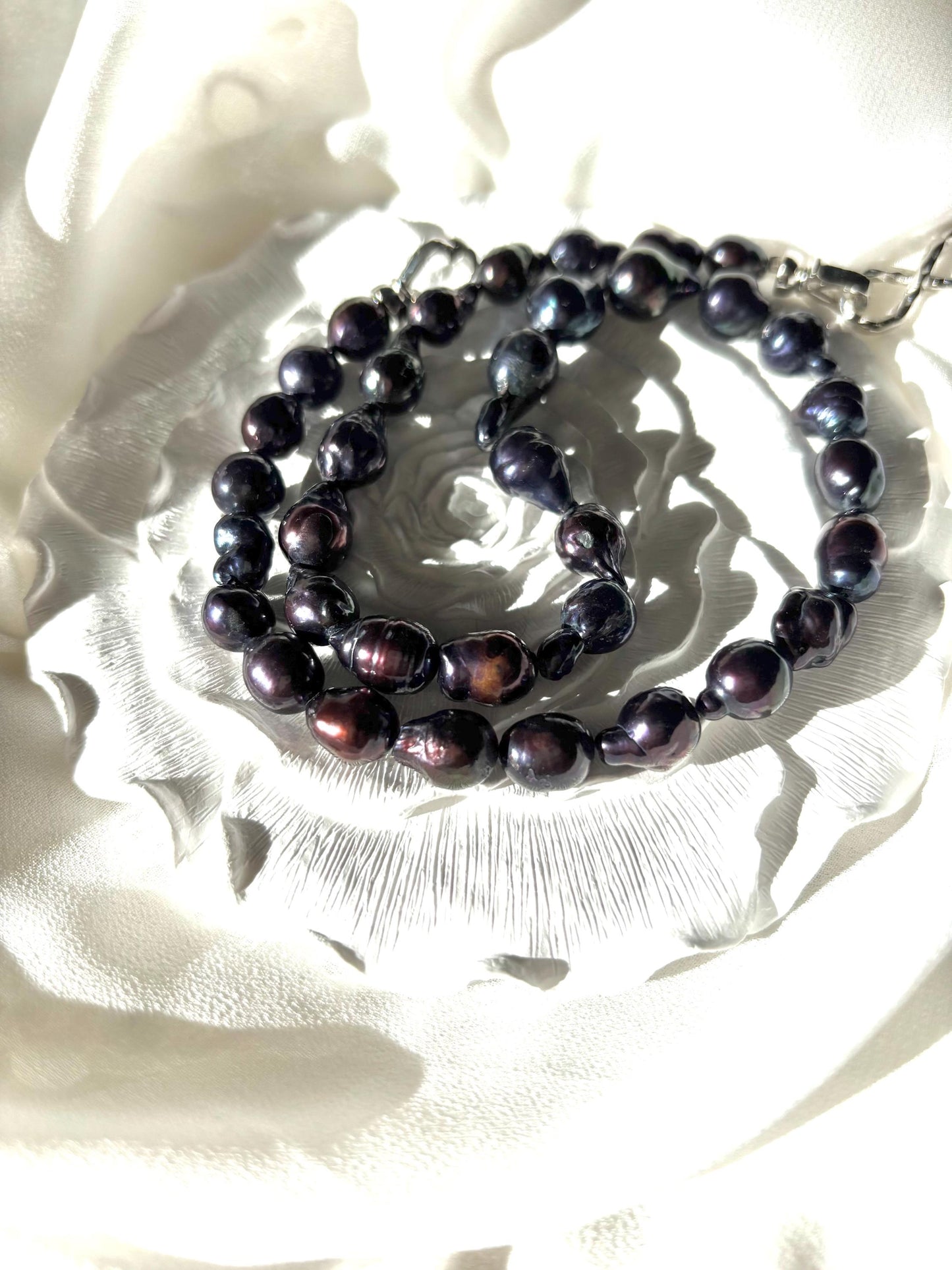 Black Baroque Teardrop Pearl Necklace with Blue Undertones (AA luster)