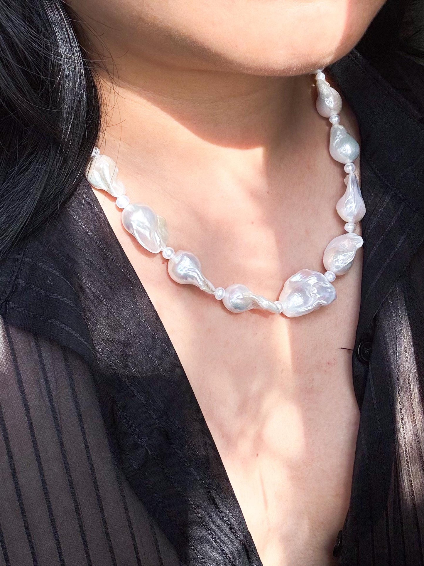 Luna Glow: Iridescent Baroque Freshwater Pearl Necklace 925 Sterling Silver ( AA+ Luster )