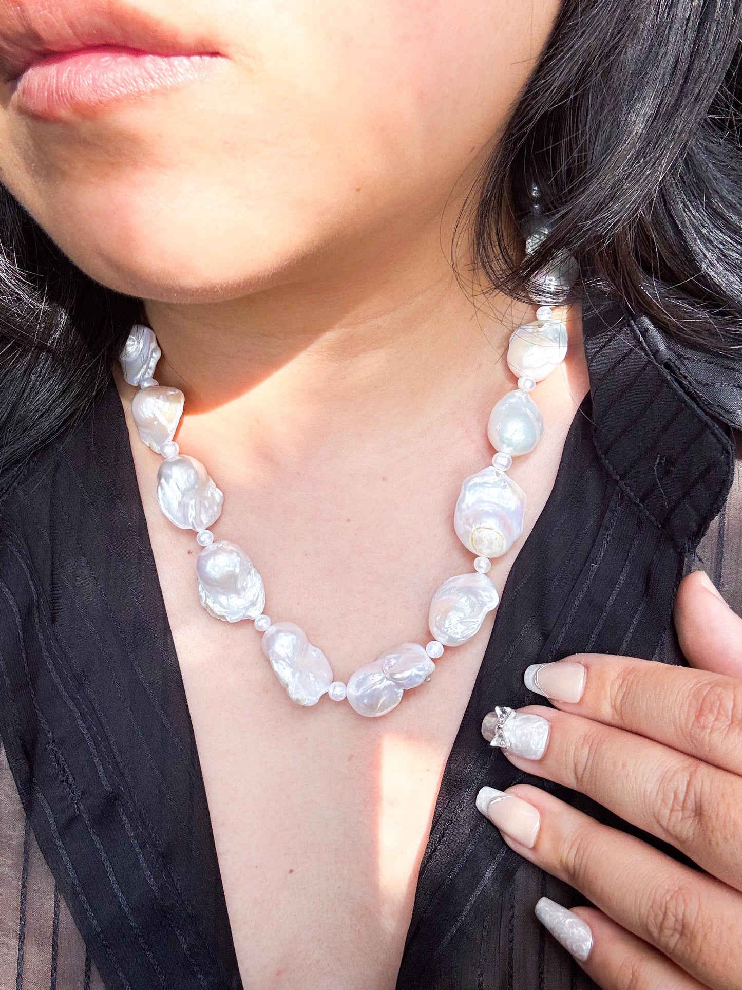 Luna Glow: Iridescent Baroque Freshwater Pearl Necklace 925 Sterling Silver ( AA+ Luster )