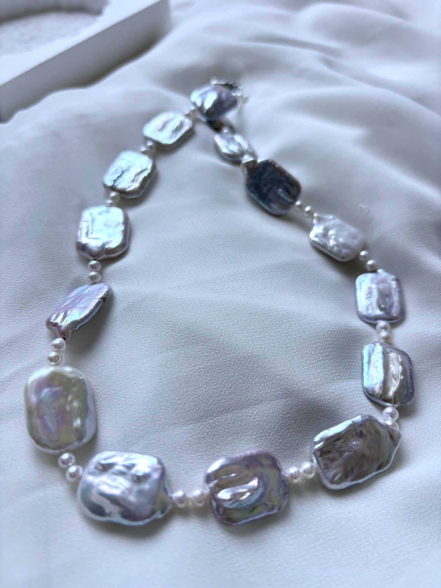 White Truffles Sculpted Rectangular Baroque Pearl 925 Sterling Silver Necklace