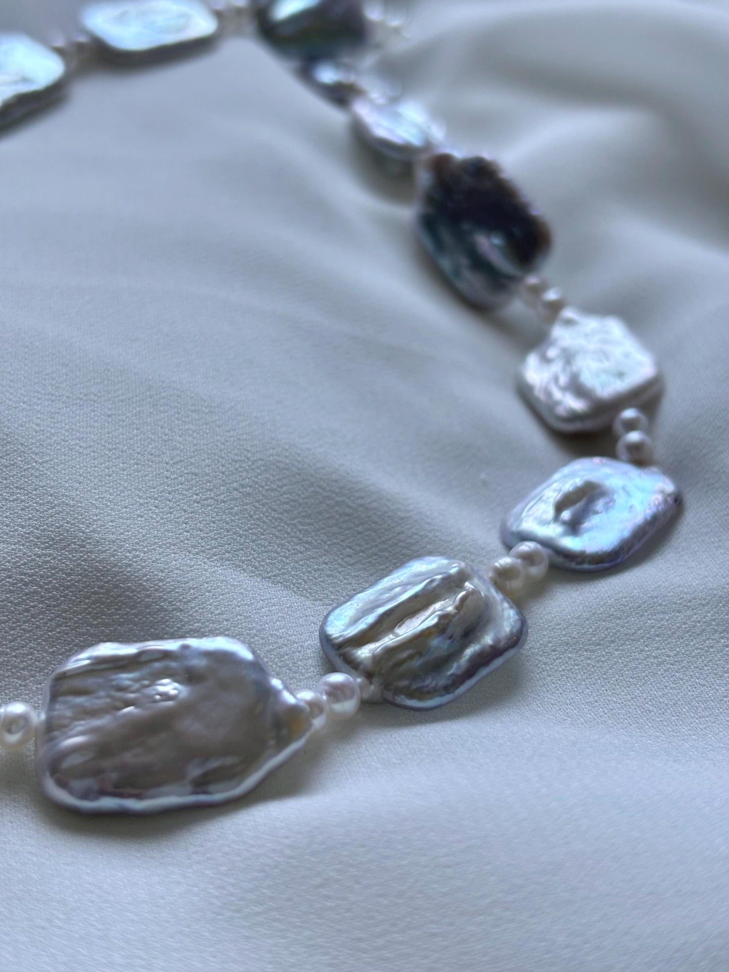 White Truffles Sculpted Rectangular Baroque Pearl 925 Sterling Silver Necklace
