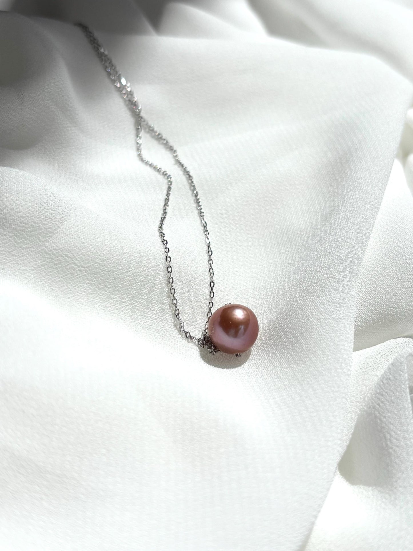 Twilight Bloom – Dark Orchid Floating Pearl Necklace (AA+Luster ) 925 Silver