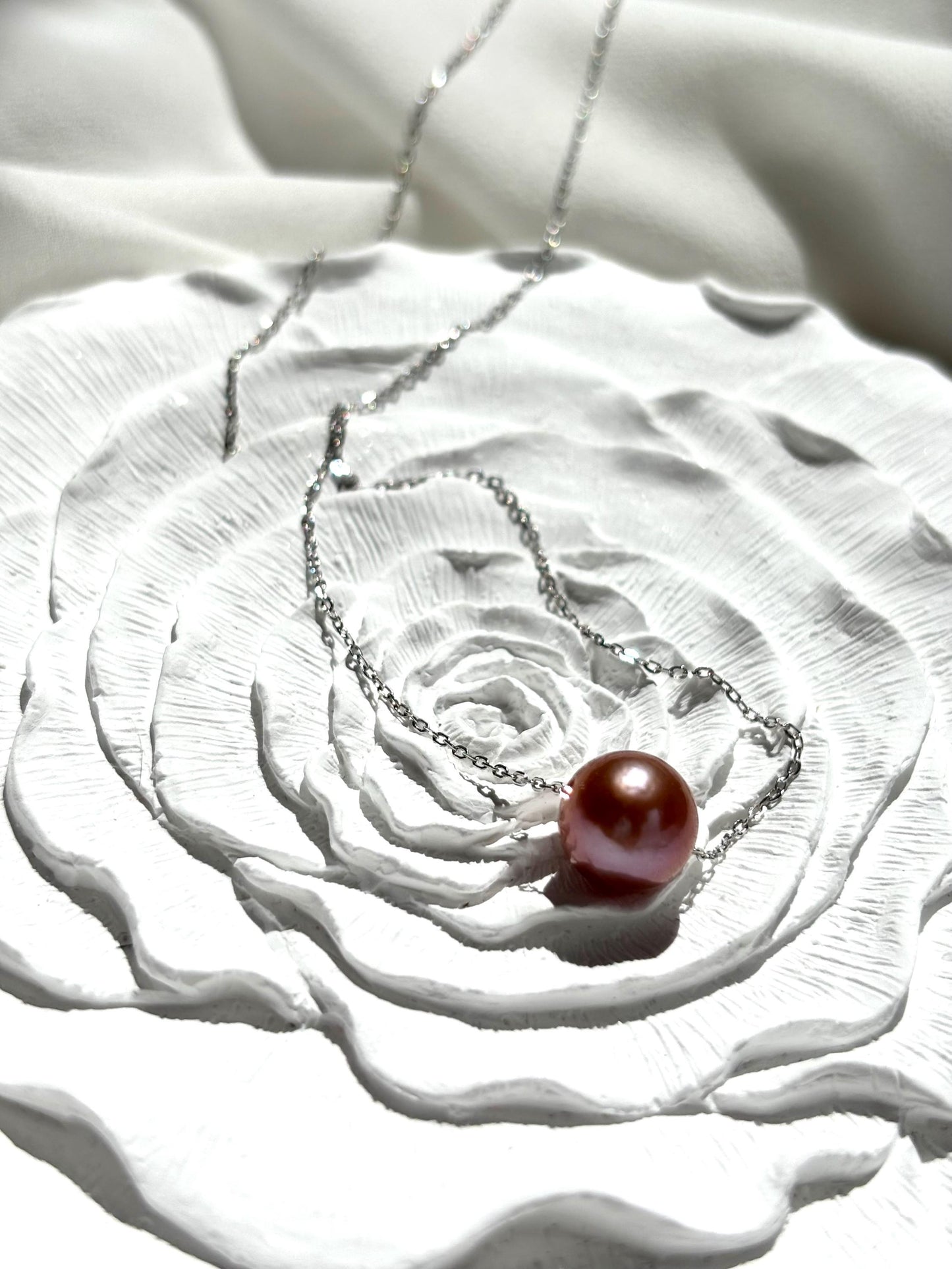 Twilight Bloom – Dark Orchid Floating Pearl Necklace (AA+Luster ) 925 Silver