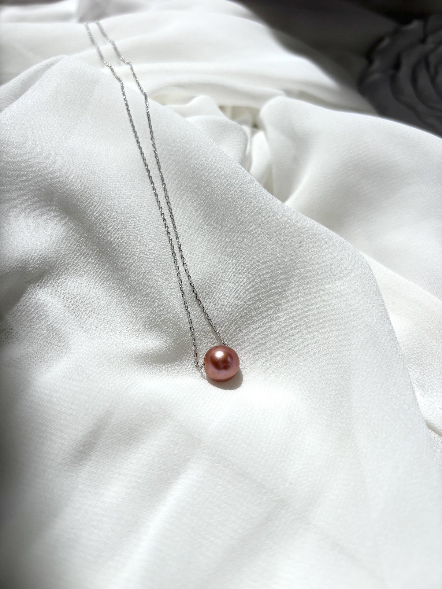 Twilight Bloom – Dark Orchid Floating Pearl Necklace (AA+Luster ) 925 Silver