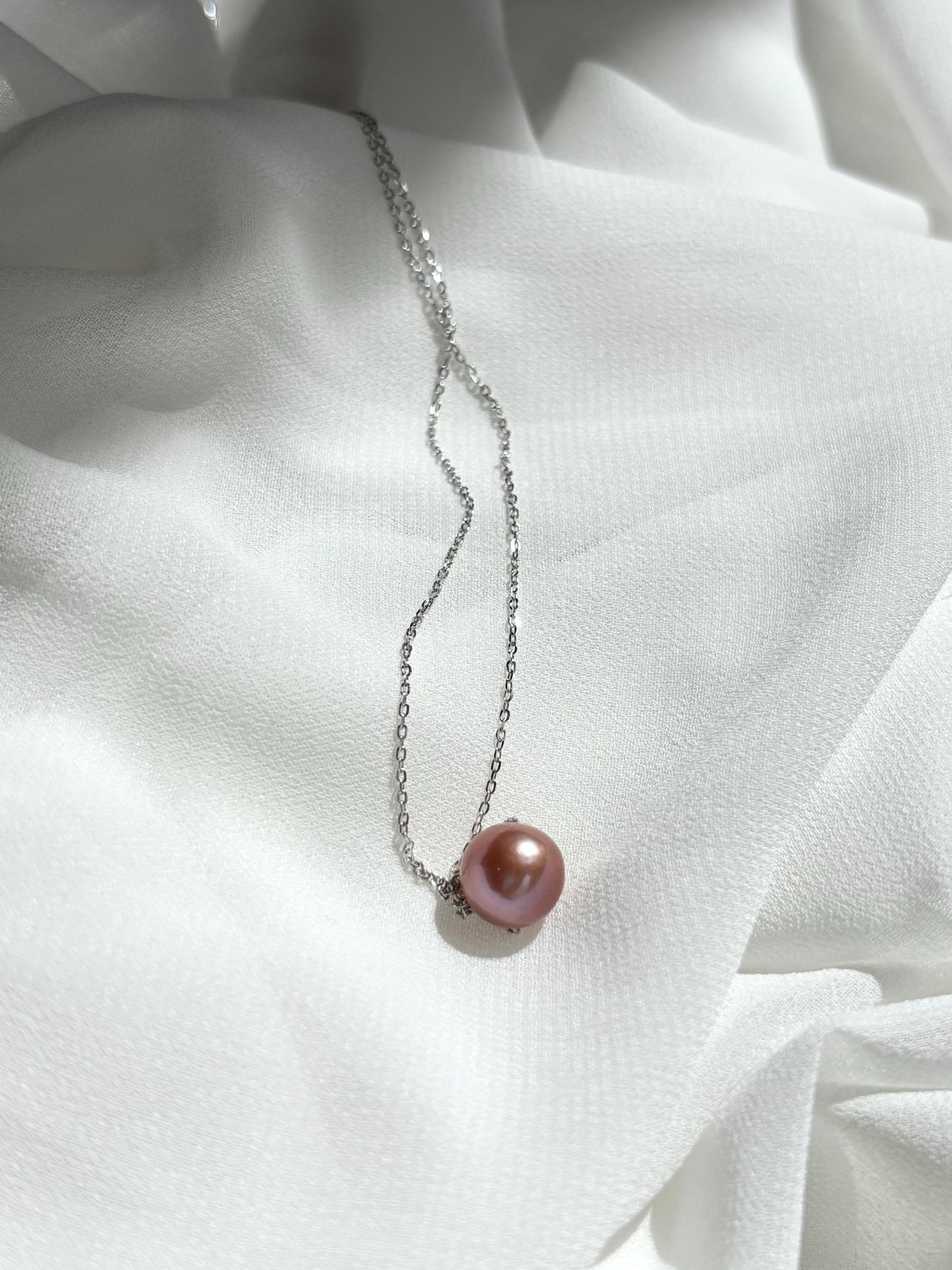Twilight Bloom – Dark Orchid Floating Pearl Necklace (AA+Luster ) 925 Silver
