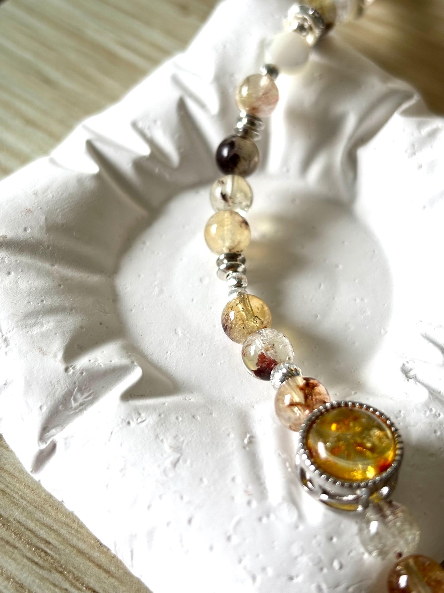 Vermont Autumn Crystal Necklace – Amber, Phantom Quartz & Pearl Beaded Necklace – 45cm Handmade Healing Jewelry