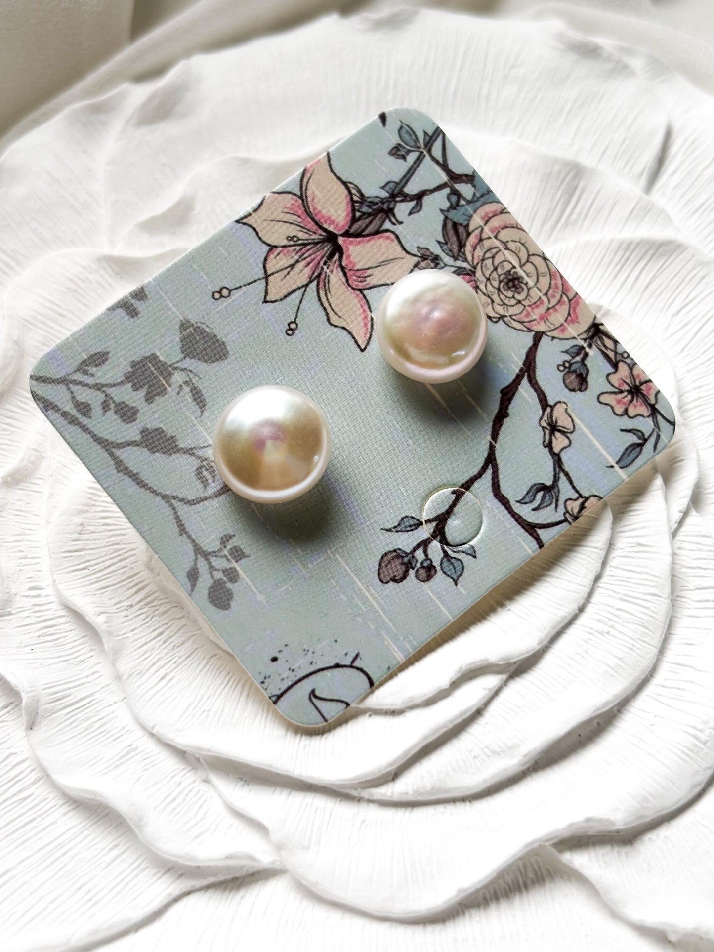 Iridescent Whisper – White Baroque Button Pearl Earrings