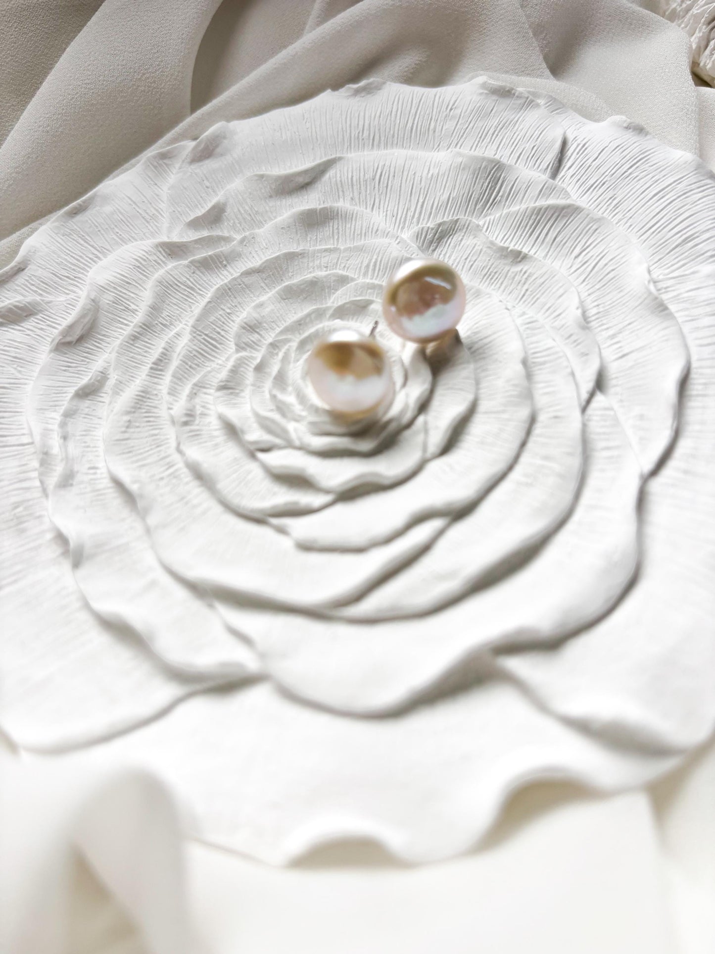 Iridescent Whisper – White Baroque Button Pearl Earrings