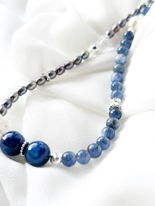 Ocean Star – Blue Kyanite & Silver-Grey Pearl Necklace