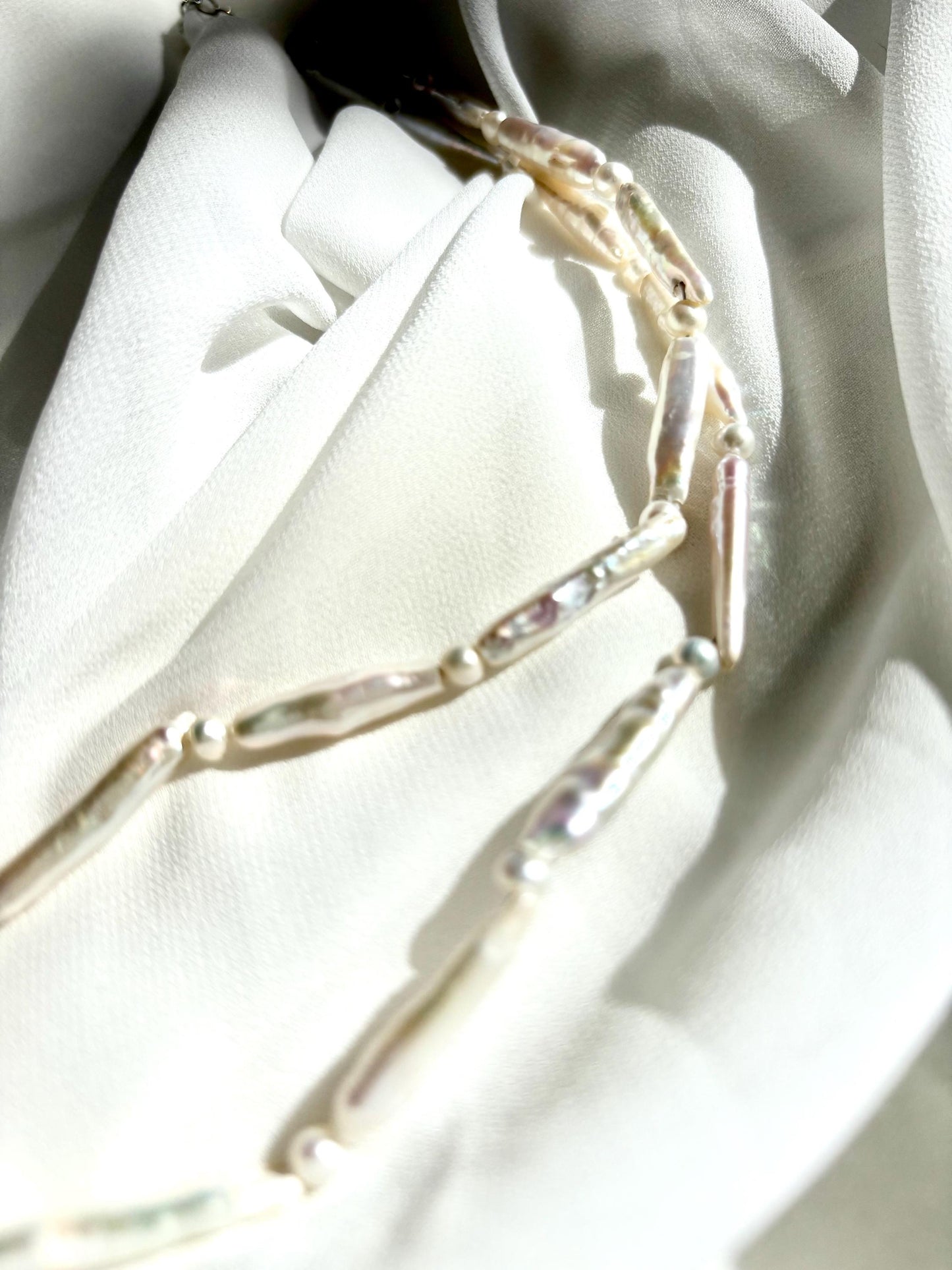 Stylish White Baroque Pearl Necklace – Long Rectangular & Round Pearls, Irregular Shapes-45cm