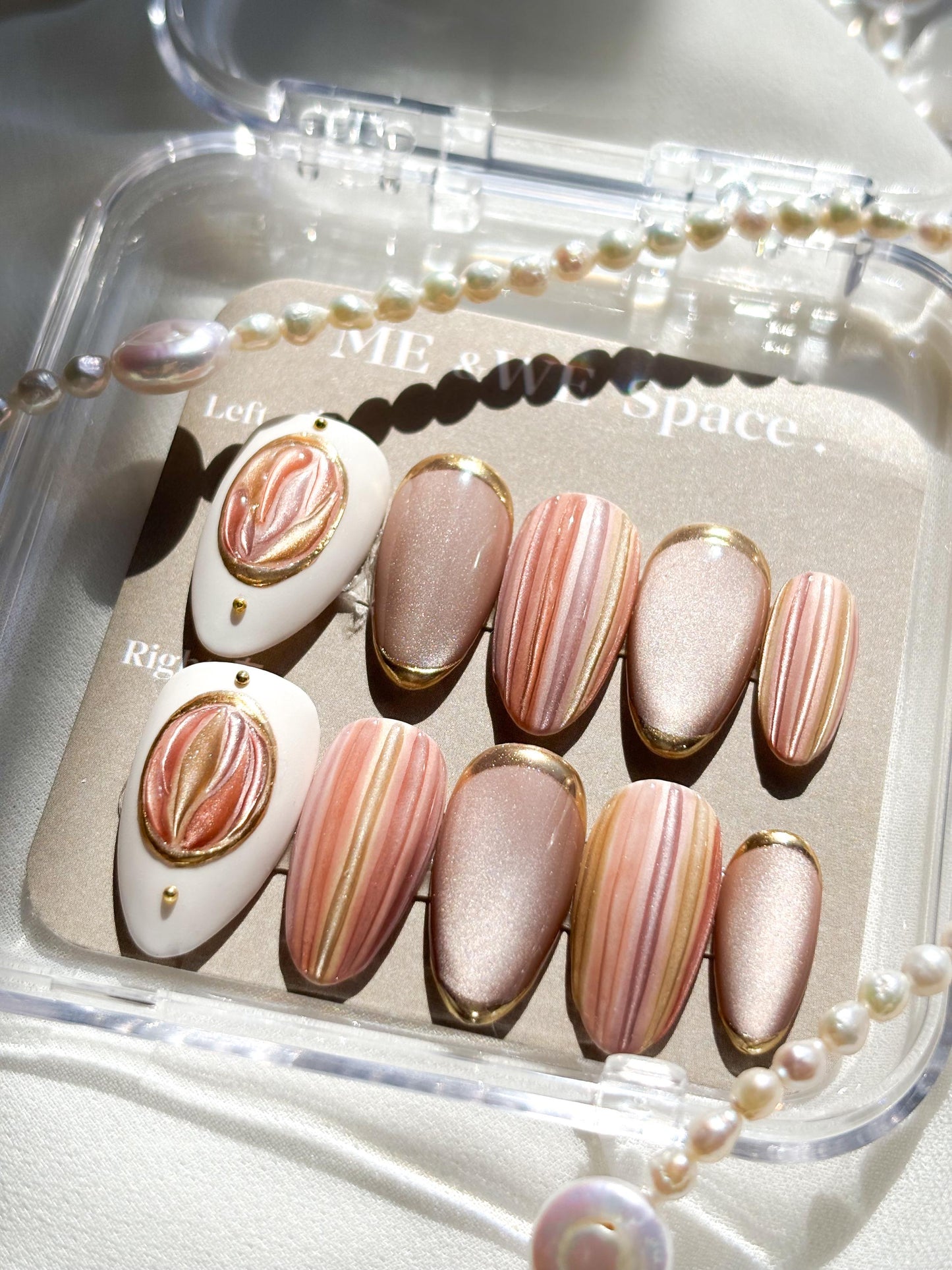 Desert Rose Glow – Sandy Pink Cat Eye & Gold Line Press-On Nails