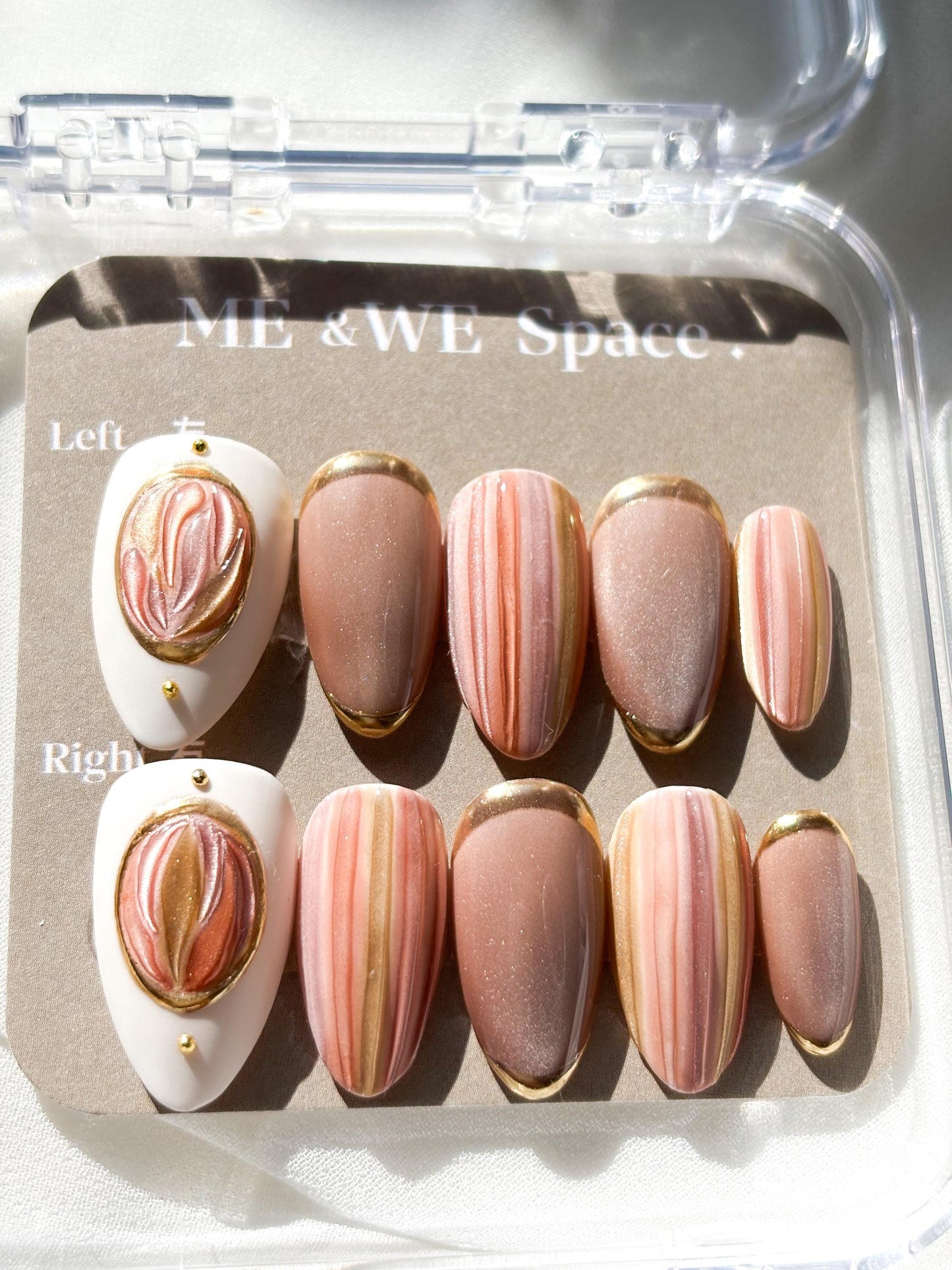Desert Rose Glow – Sandy Pink Cat Eye & Gold Line Press-On Nails