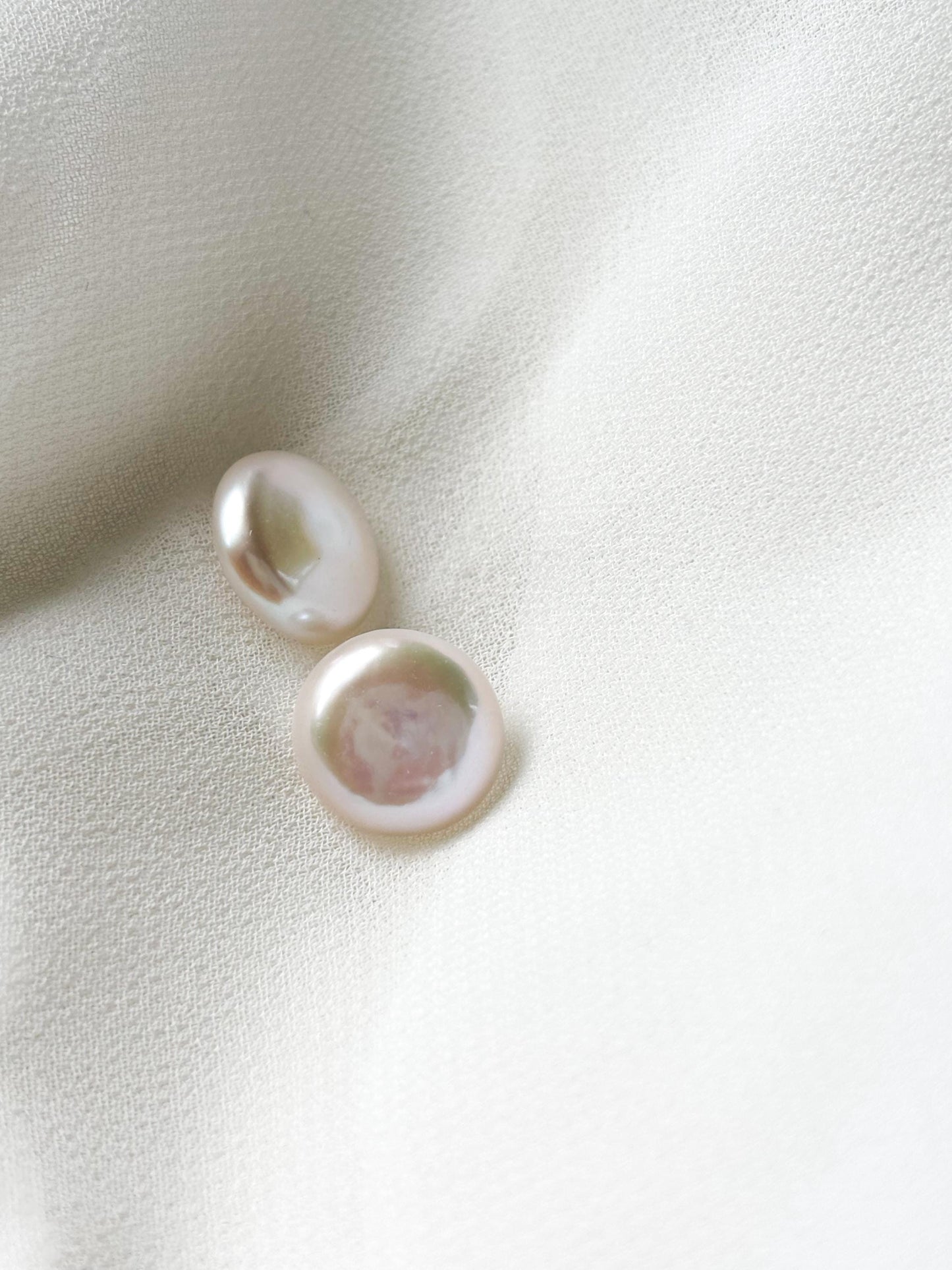 Iridescent Whisper – White Baroque Button Pearl Earrings